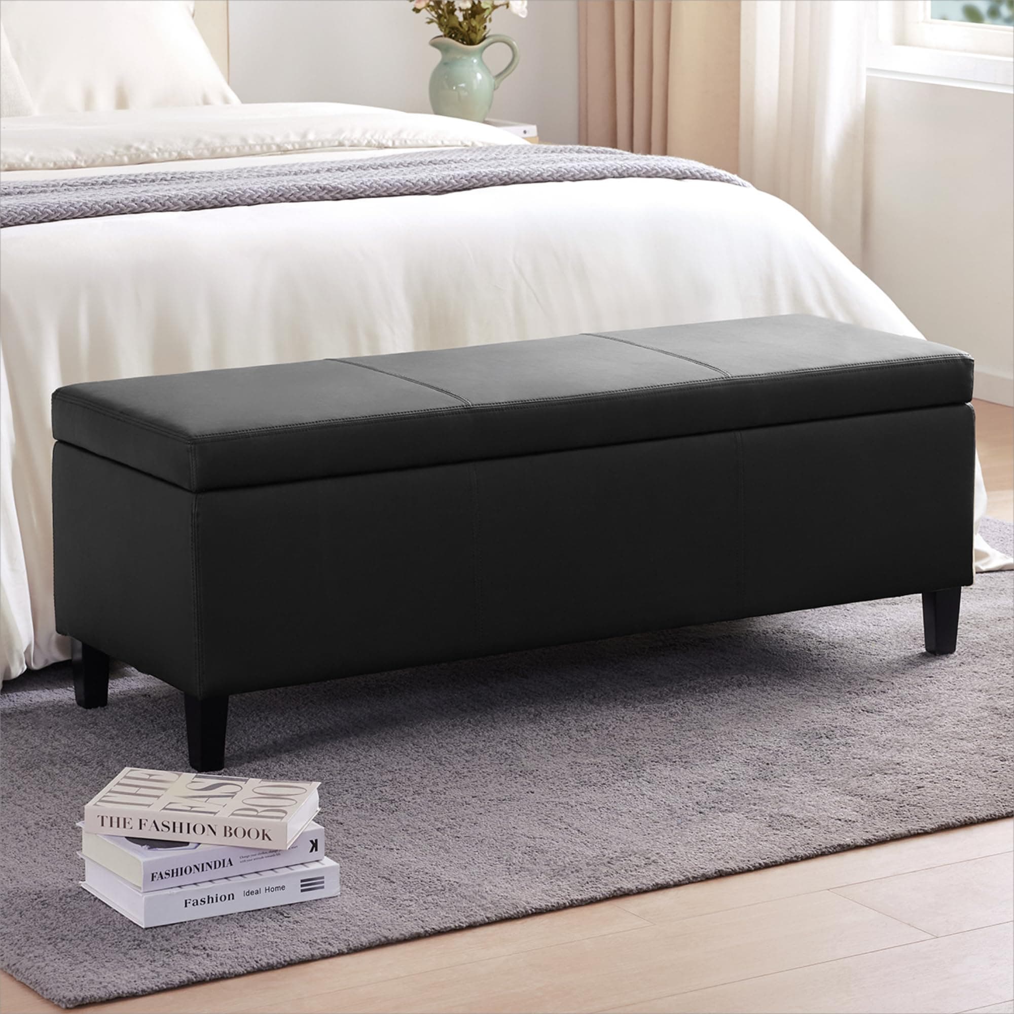 HUIMO Faux Leather Storage Ottoman — 50.3 in., Black