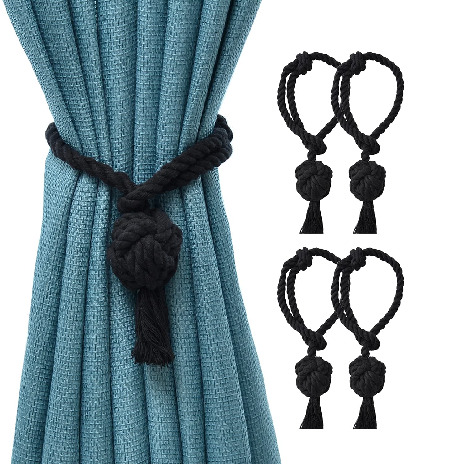 JQWUPUP Black Rope Curtain Tiebacks 4-Pack
