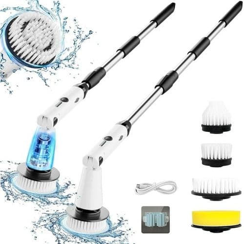 Kibhous Electric Spin Scrubber, 3 Brush Heads, Adjustable Extension Arm