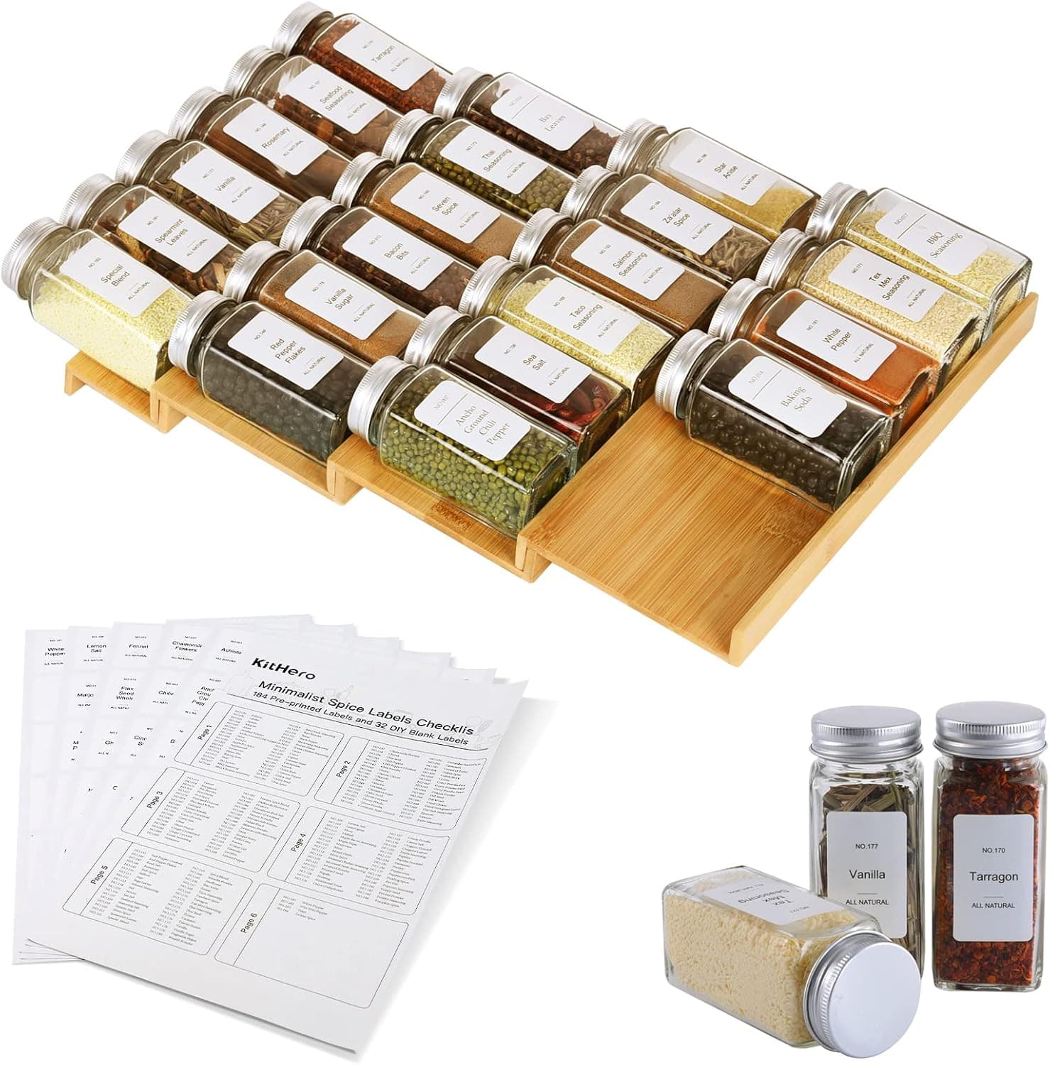 KitHero Spice Drawer Organizer with 20 Jars and 216 Labels