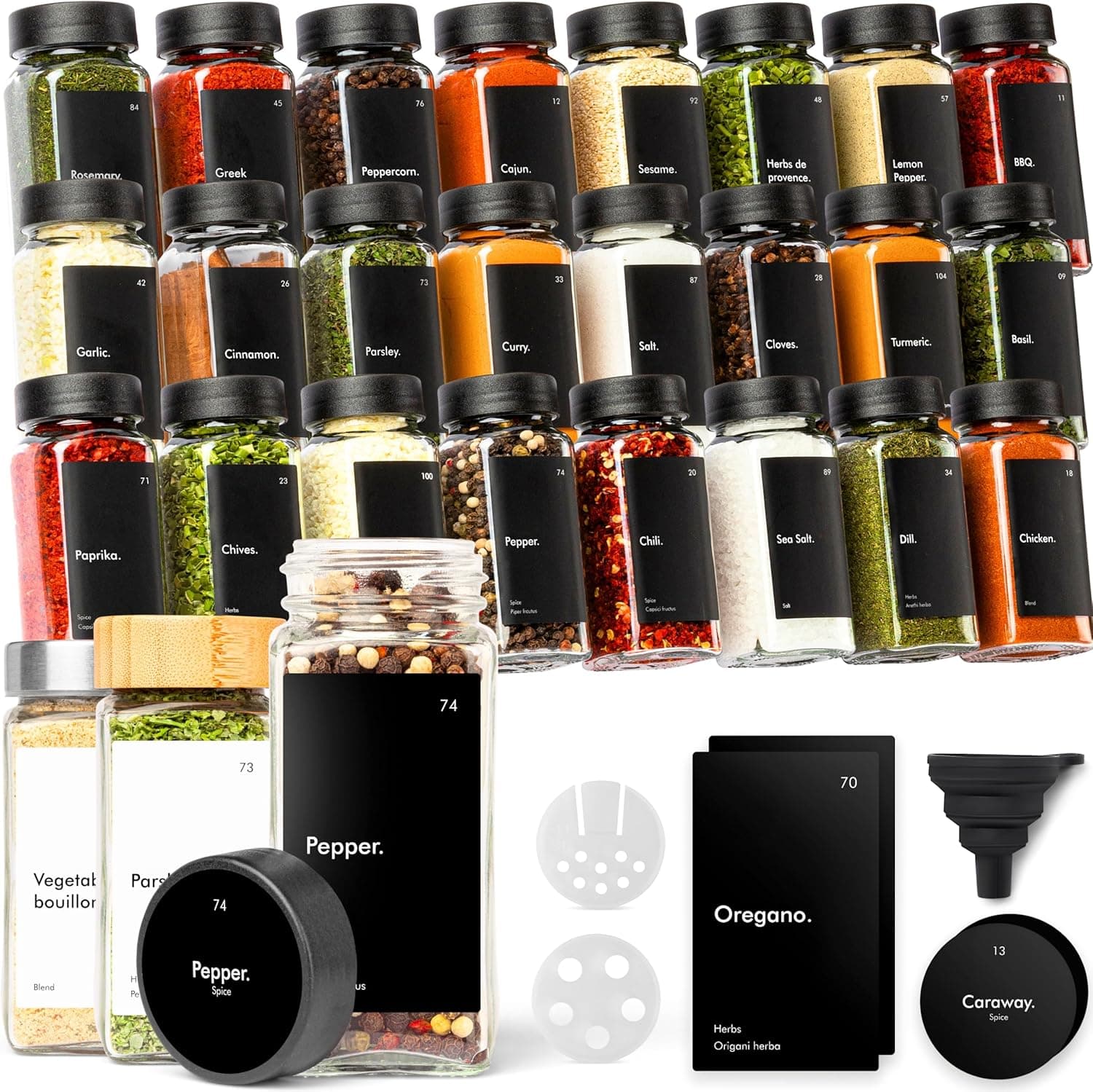 KIVY Black Lid Glass Spice Jars with Labels 24-Pack