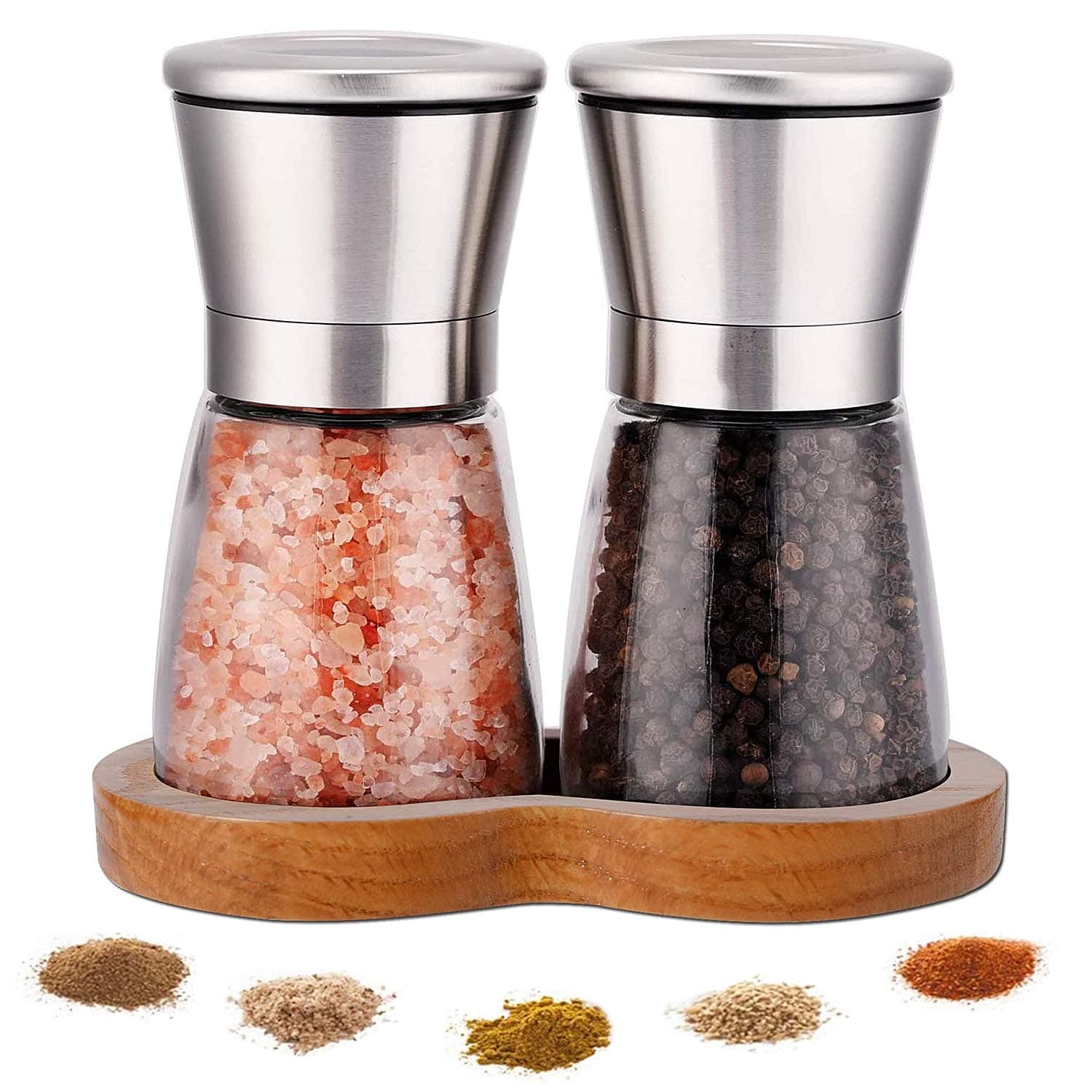 LessMo Salt and Pepper Grinder Set with Wooden Tray