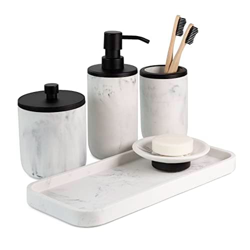 LMKI Marble and Matte Black Bathroom Accessories Set