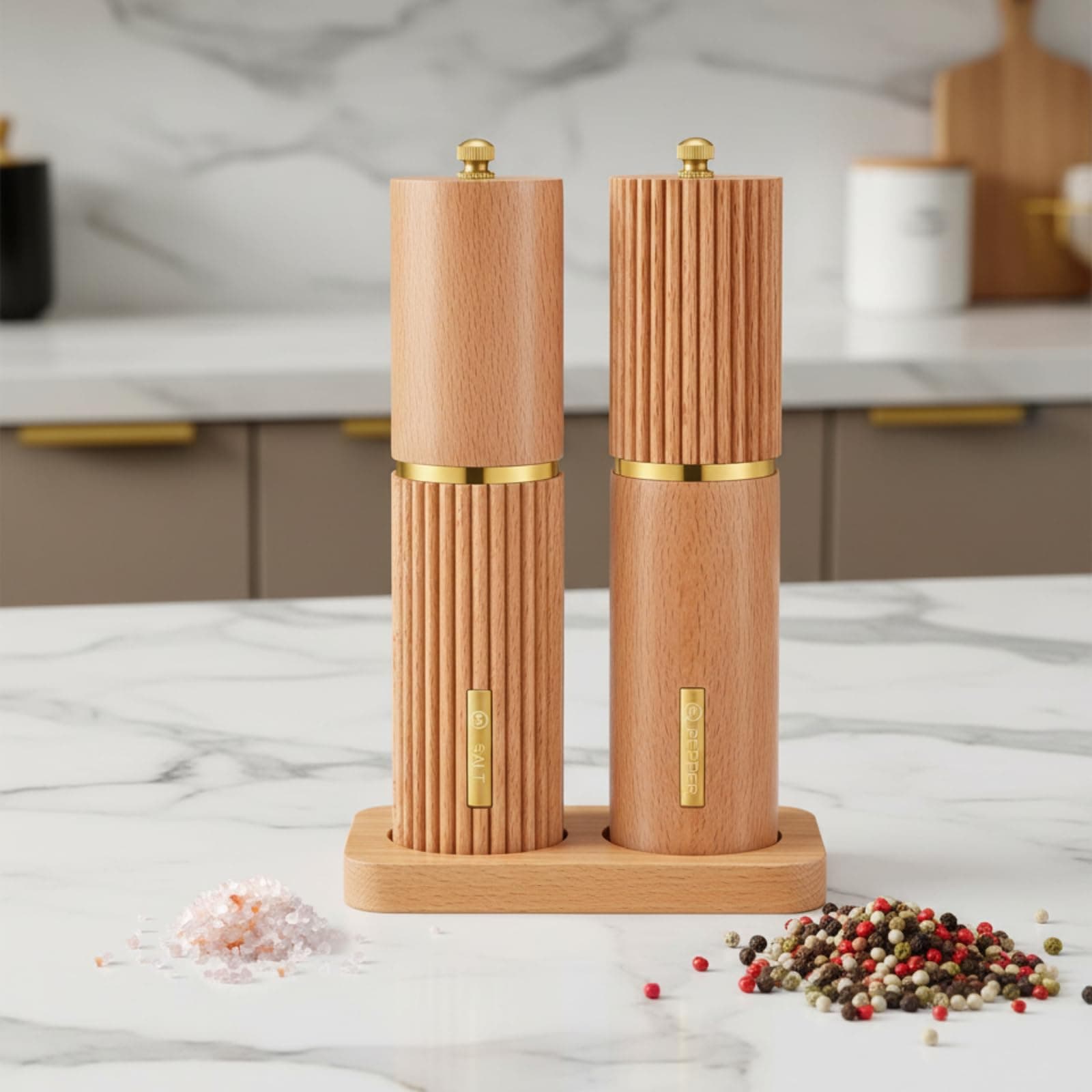 LOYIM Wooden Salt and Pepper Grinder Set with Tray