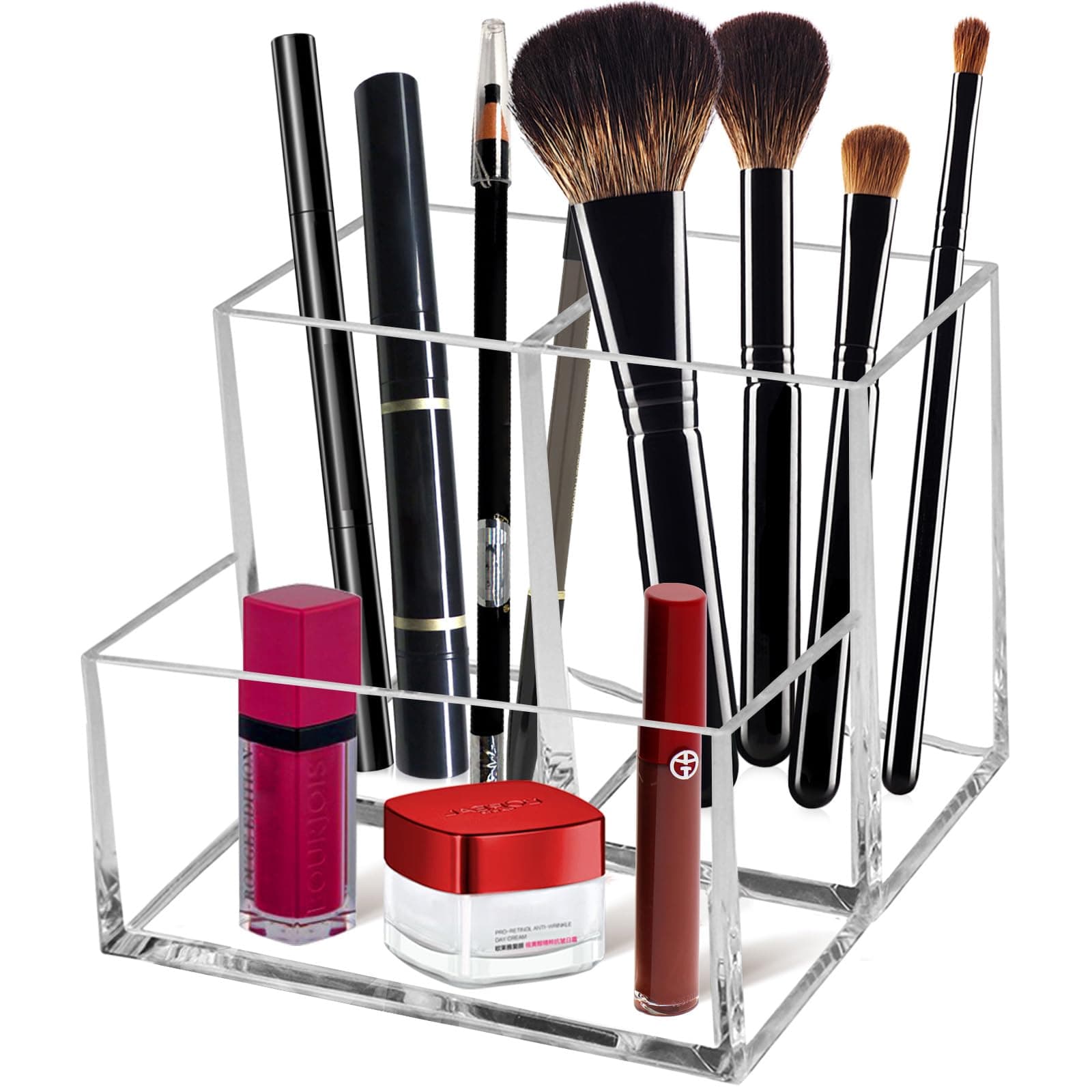 Acrylic Makeup Organizer with Brush Holders and Compartments
