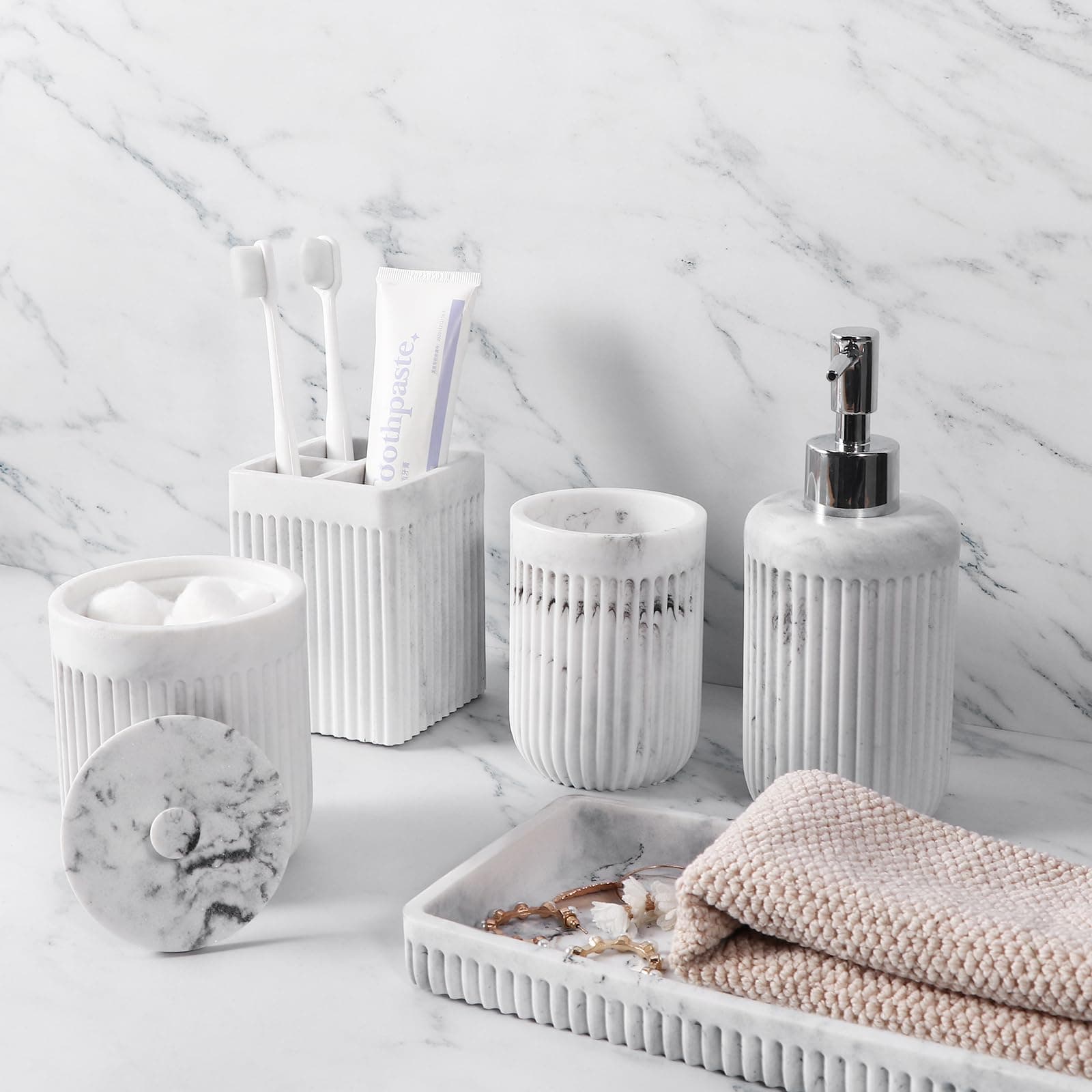 Marble White Bathroom Accessories Set, 6-Piece with Vanity Tray