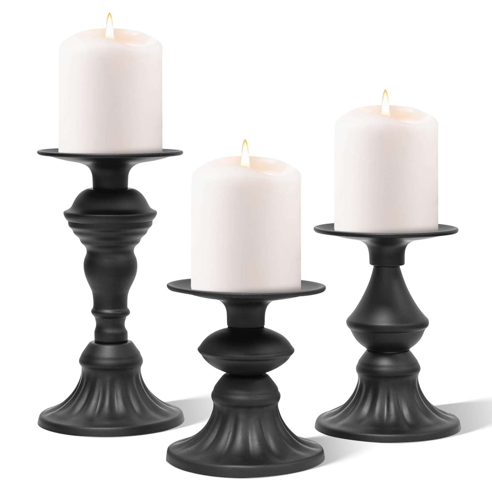Matte Black Candle Holders Set of 3 - Metal Pillar