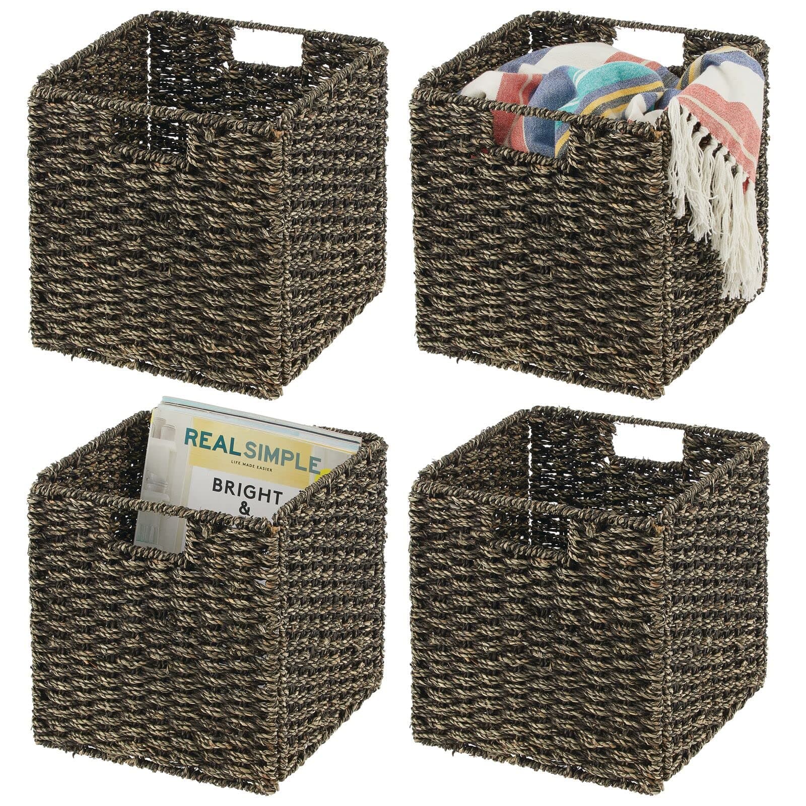 mDesign Seagrass Woven Cube Basket with Handles 6-Pack
