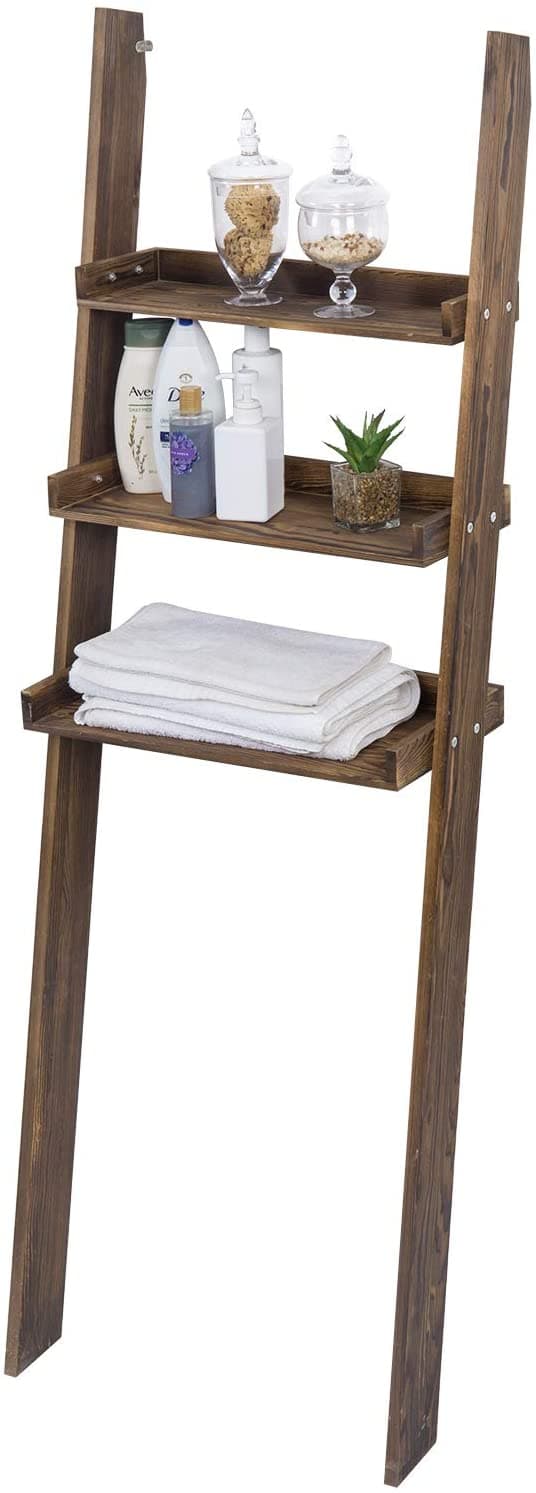 MyGift Rustic Wood Over The Toilet Ladder Shelf