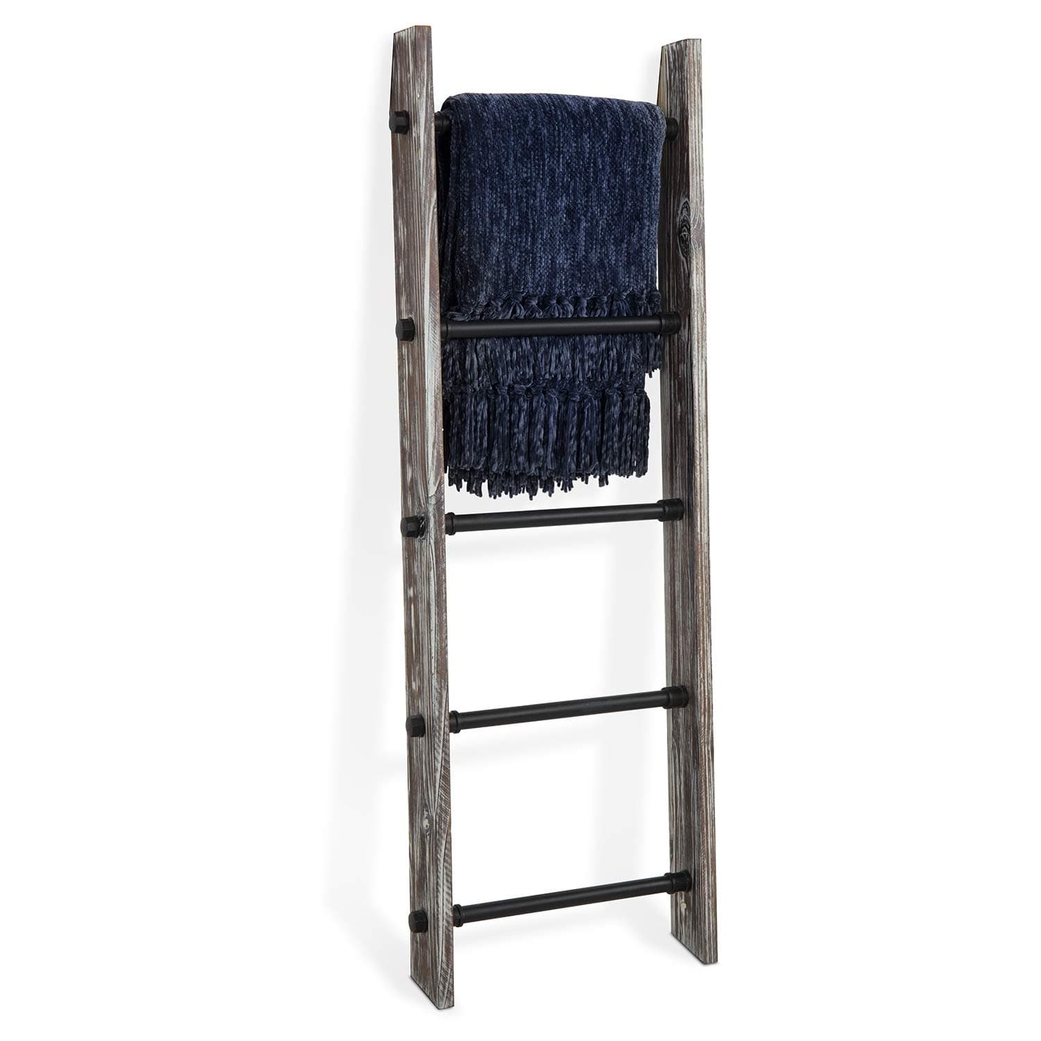 MyGift 4.5 Foot Wall Leaning Wooden Blanket Ladder Torched Brown