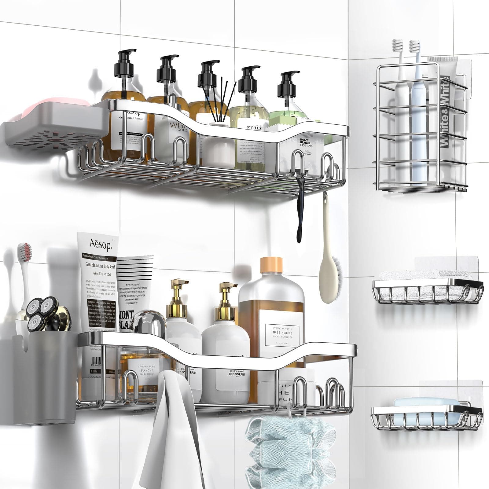 NESOMI 7-Pack Adhesive Shower Caddy with Soap Dish and Hooks