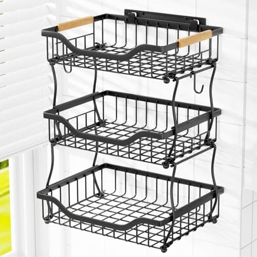 OKZEST 3-Tier Fruit Basket with Banana Hangers and Wood Top