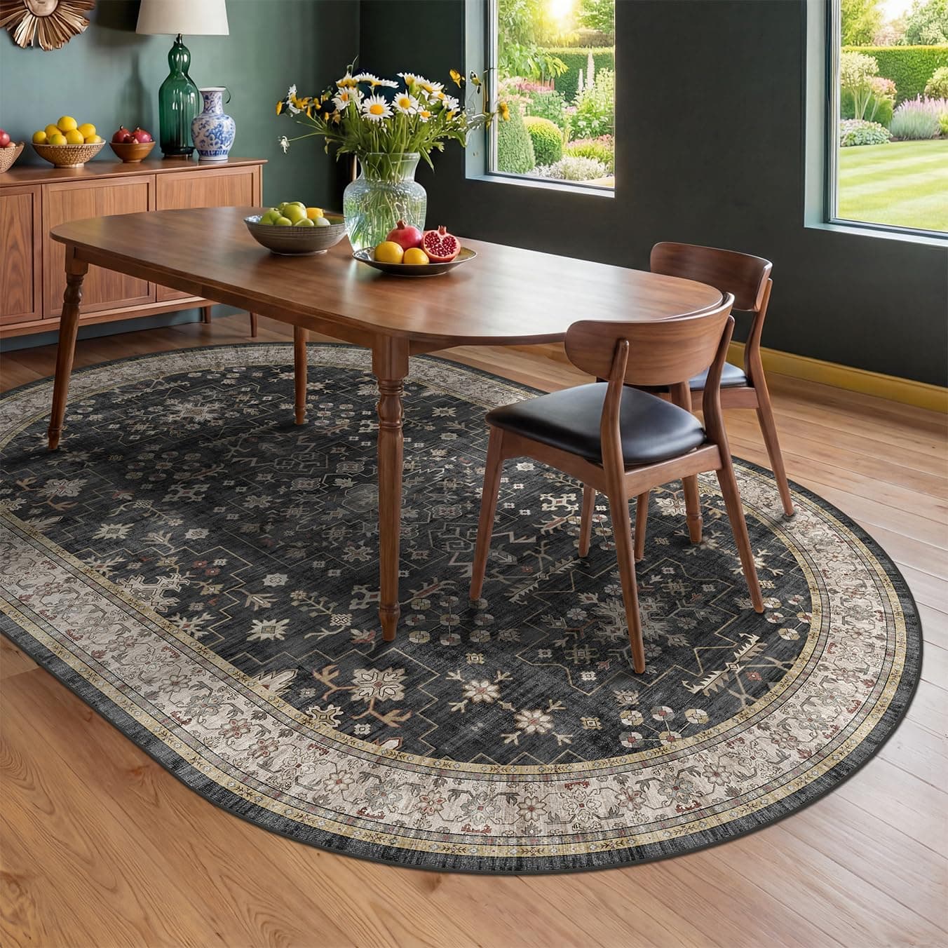 Washable Oval Farmhouse Area Rug 5x8, Black Multi