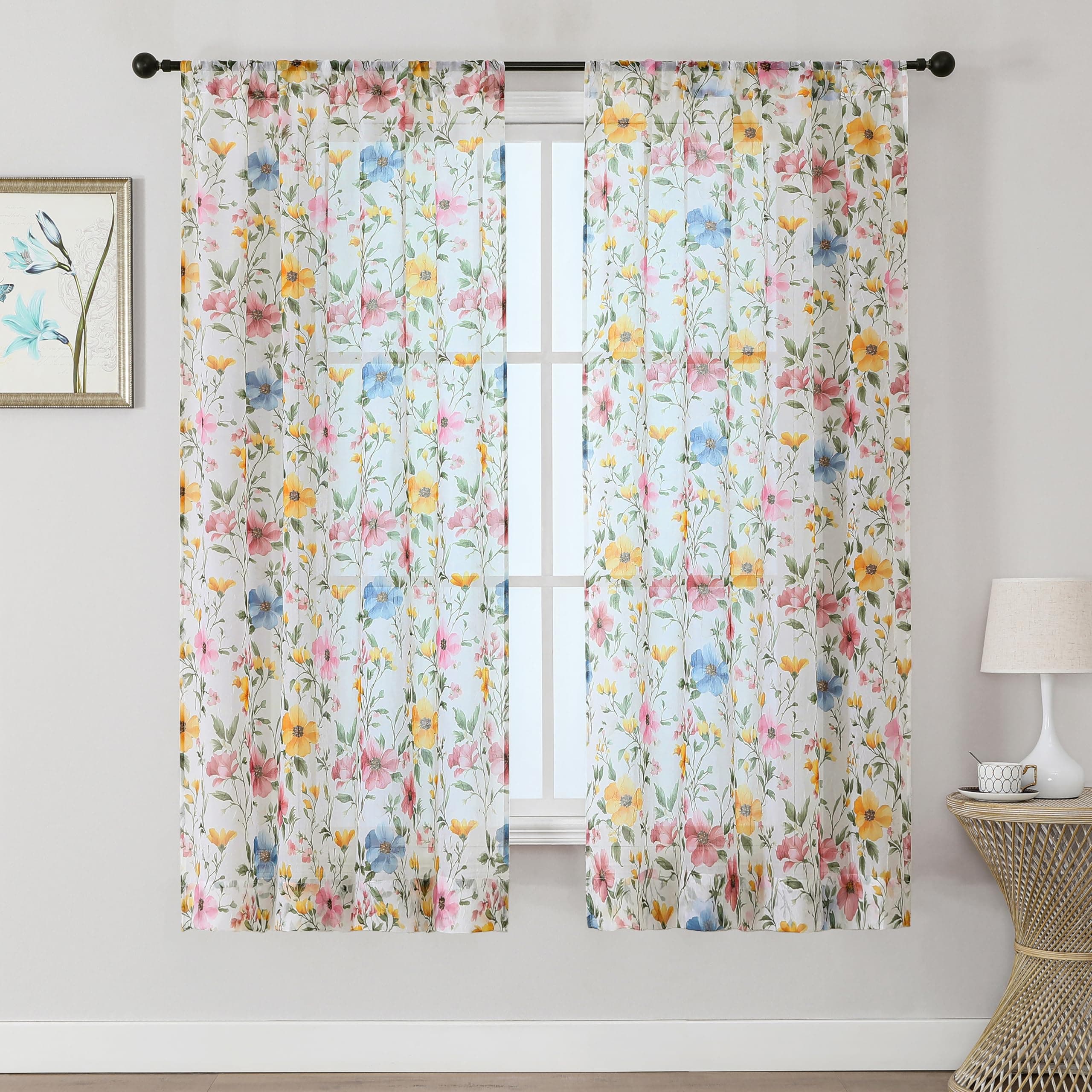 OWENIE Floral Sheer Curtains 63 Inch Pink 2 Panels