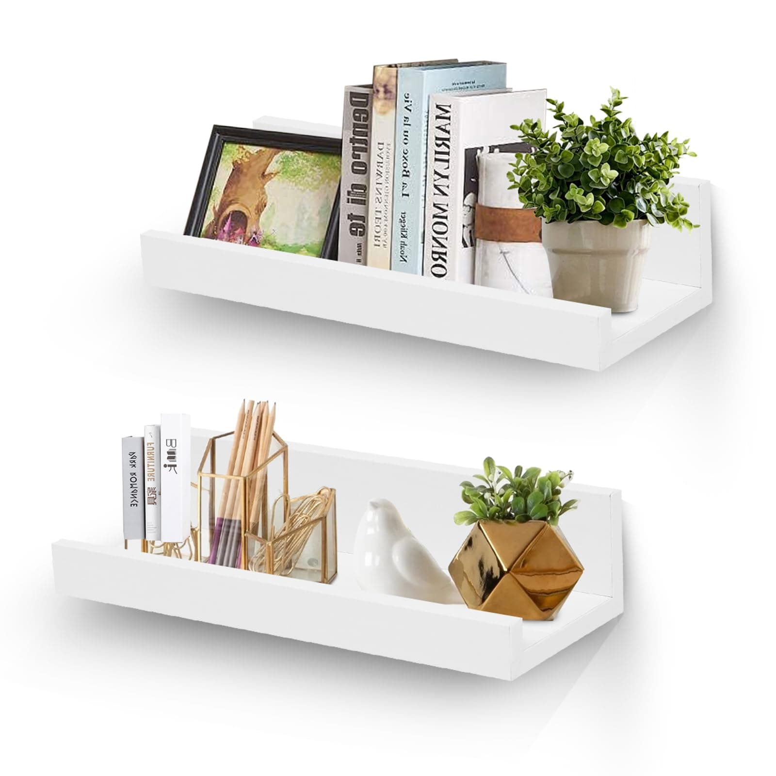 PHOENANCEE Picture Floating Shelves with Lip, Set of 4 - White 17 in.