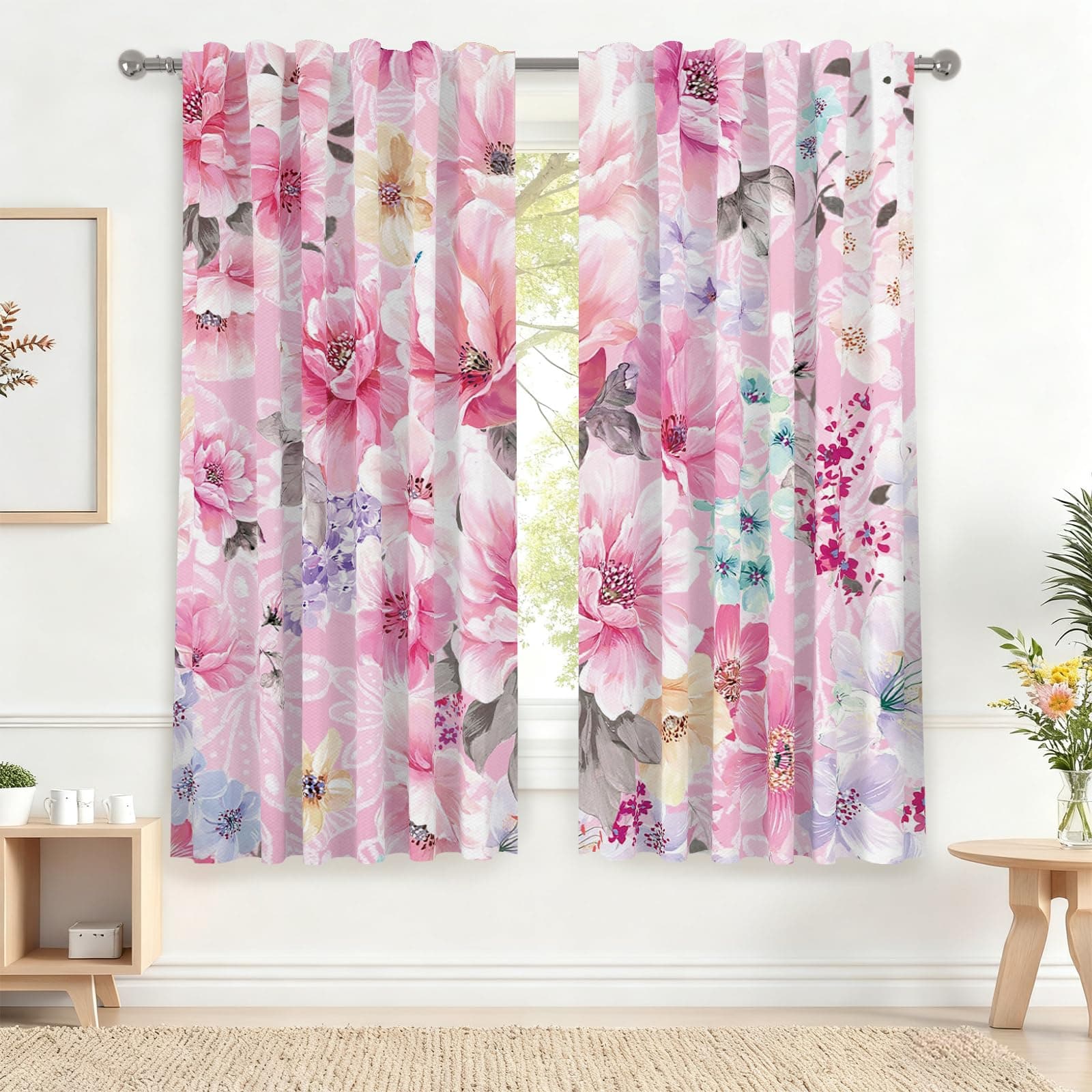 Pink Rose Spring Curtains Room Darkening