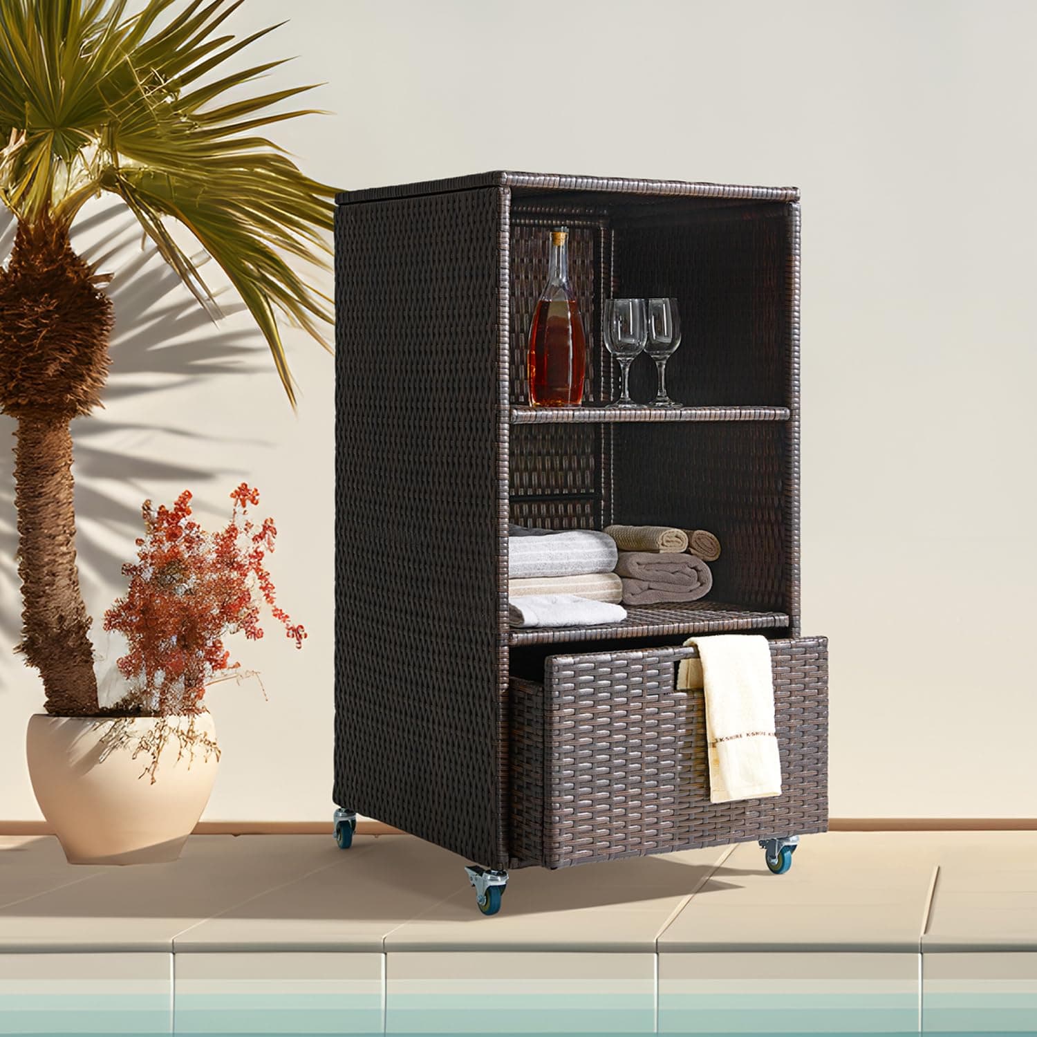 Outdoor Pool Towel Storage Cabinet Organizer with Towel Valet Rack