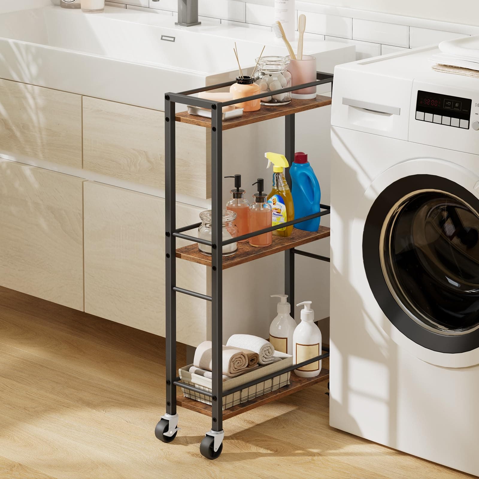 Rolling Narrow Kitchen Cart with Butcher Block
