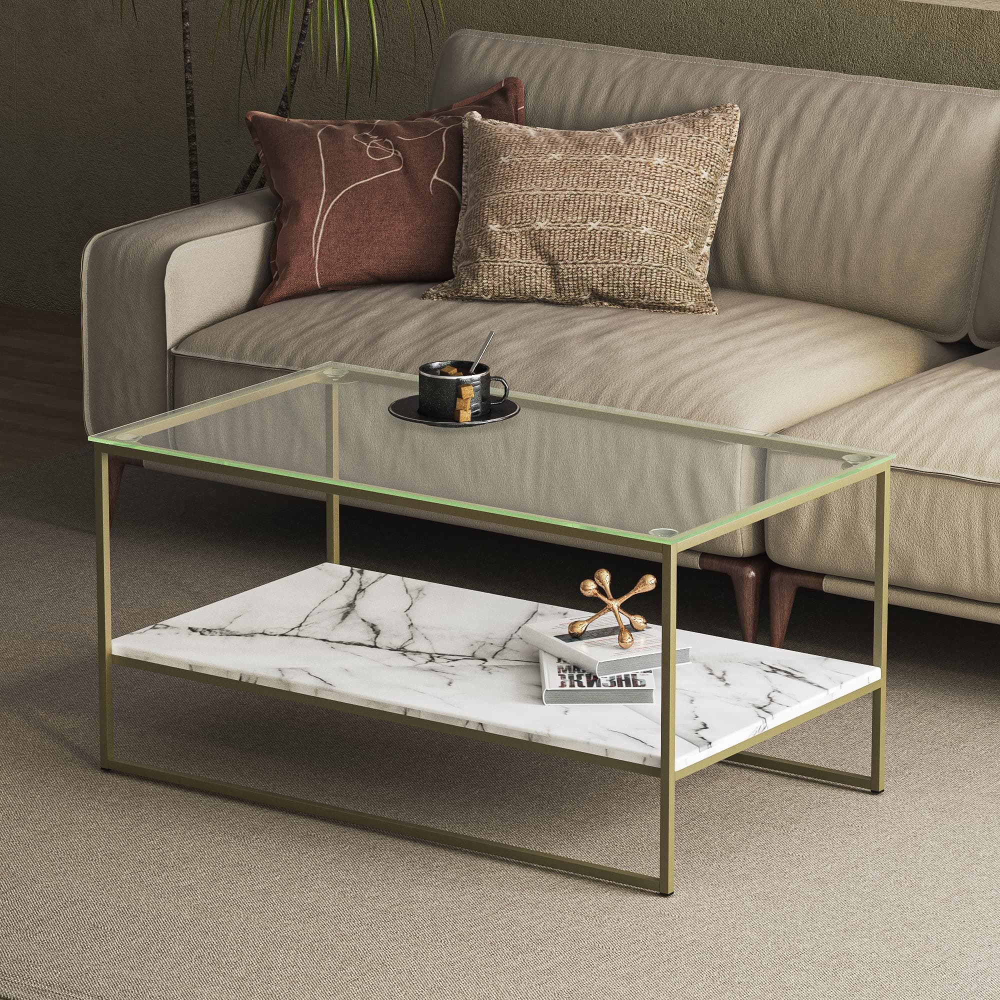 Roomfitters White Marble Print Coffee Table with Gold Legs