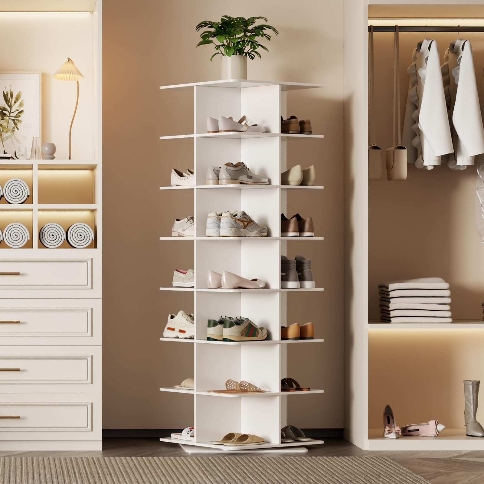 8 Tier Rotating Shoe Rack with 2 Drawers and 5 Wheels