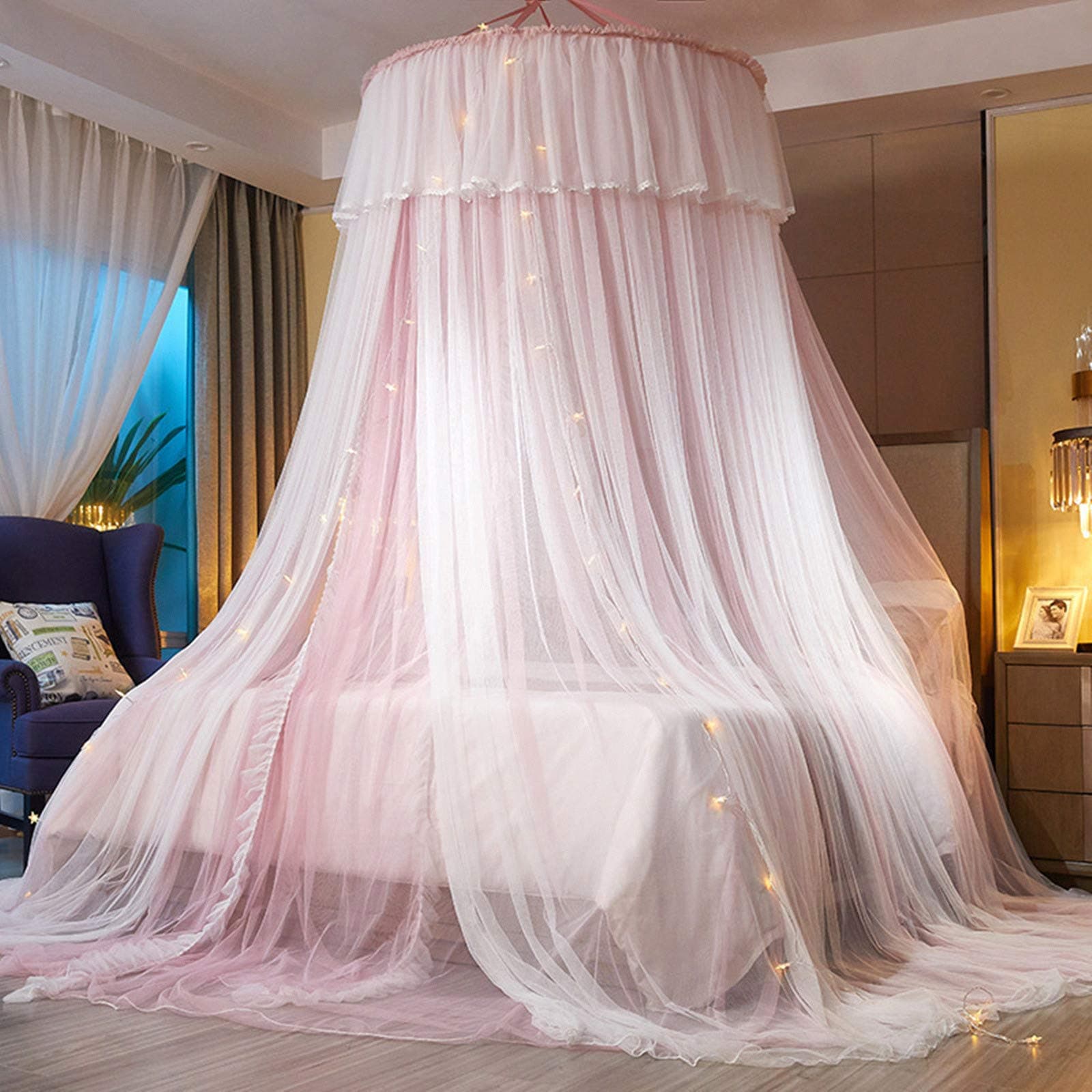 Round Dome Bed Canopy with LED String Lights