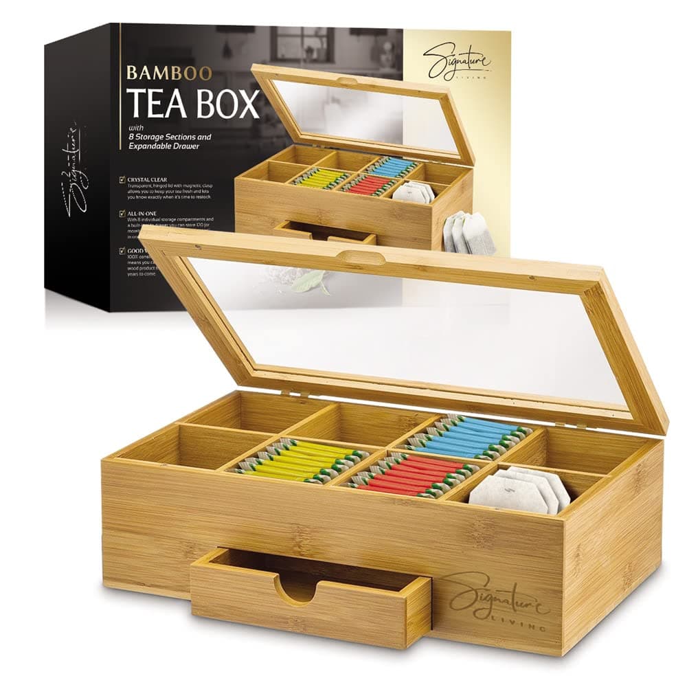 RoyalHouse Bamboo Tea Storage Organizer, 12 Compartments, Clear Lid