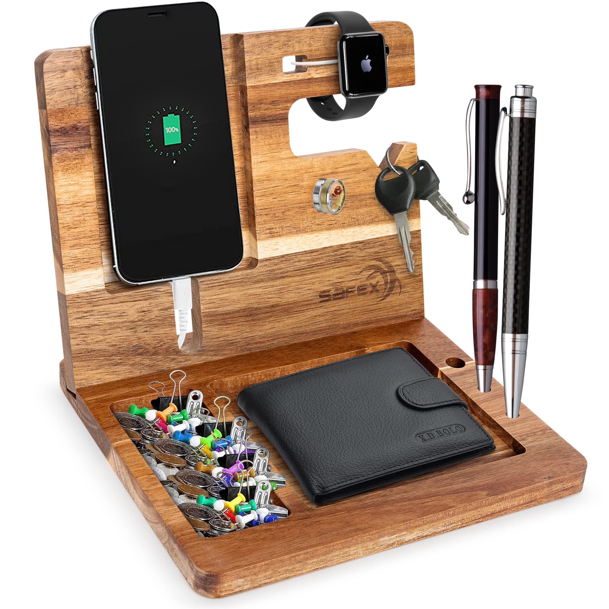 SAFEX Acacia Wood Phone Stand Nightstand Organizer Multi-Slot