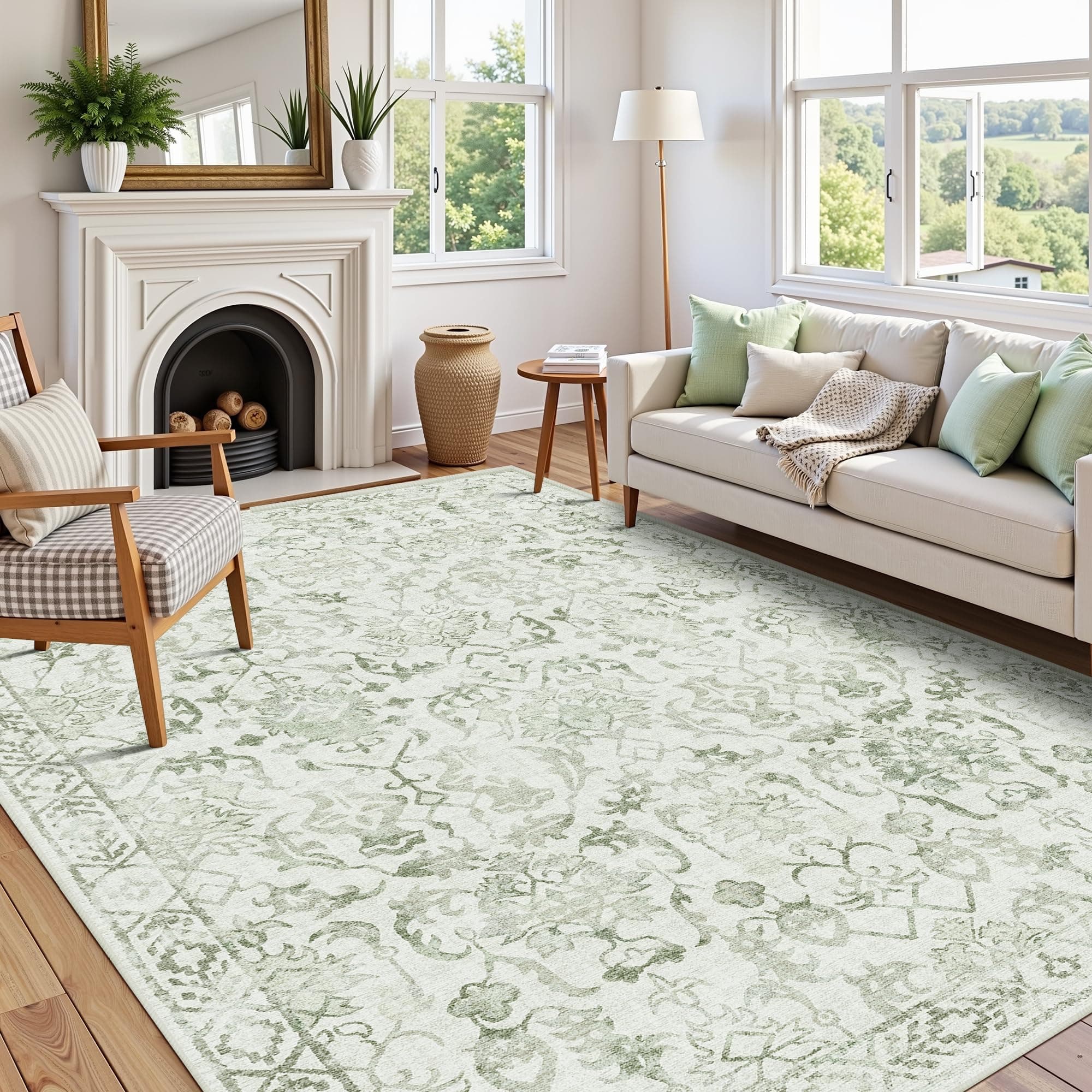 LUXRUG Washable Area Rug 5x8, Sage Green Vintage Oriental