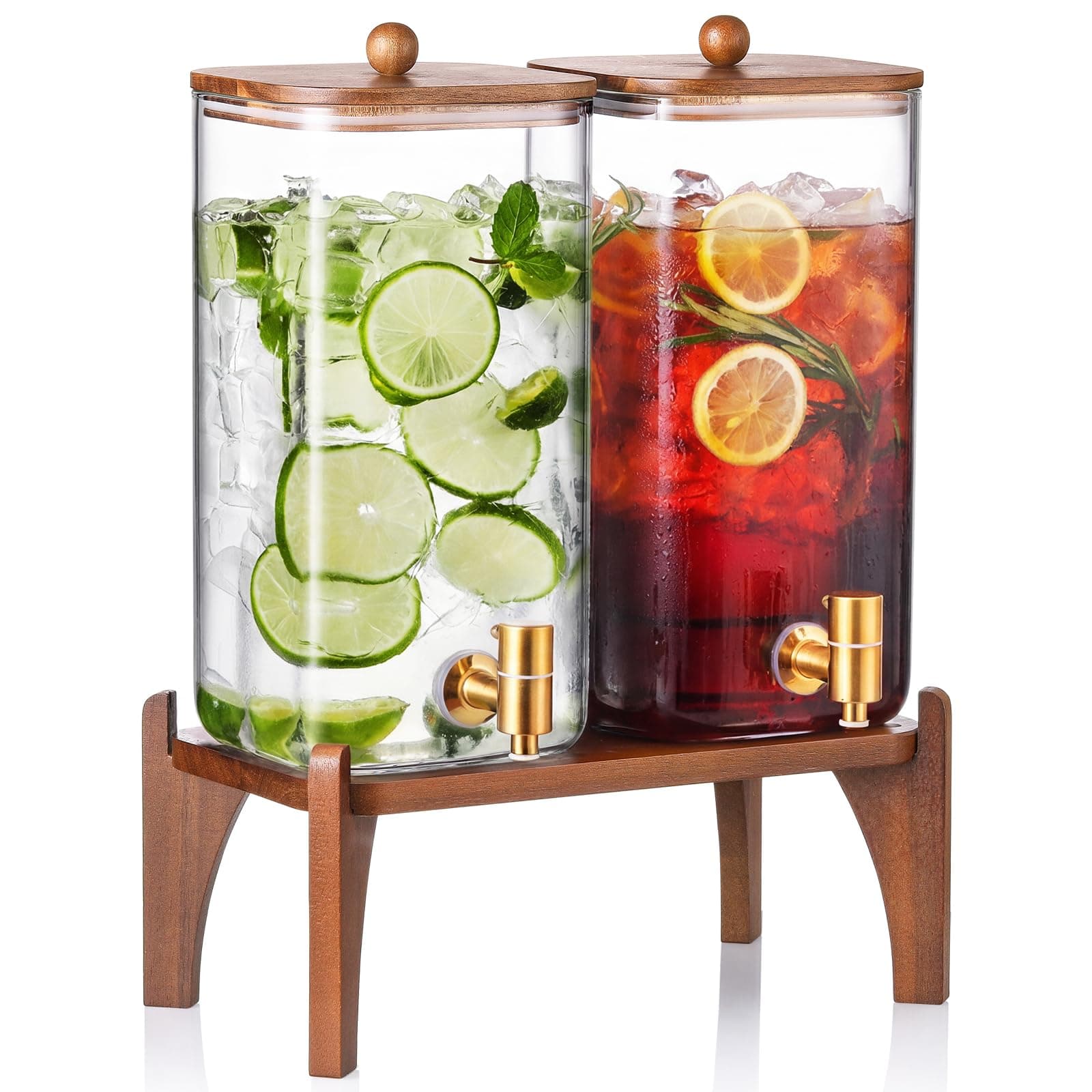SANYOUNG 2-Gallon Glass Beverage Dispenser with Wood Stand and Gold Spigot