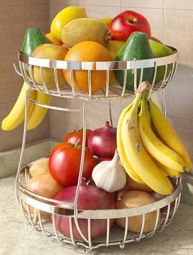 Sevenblue 2-Tier Metal Fruit Basket with Banana Hangers