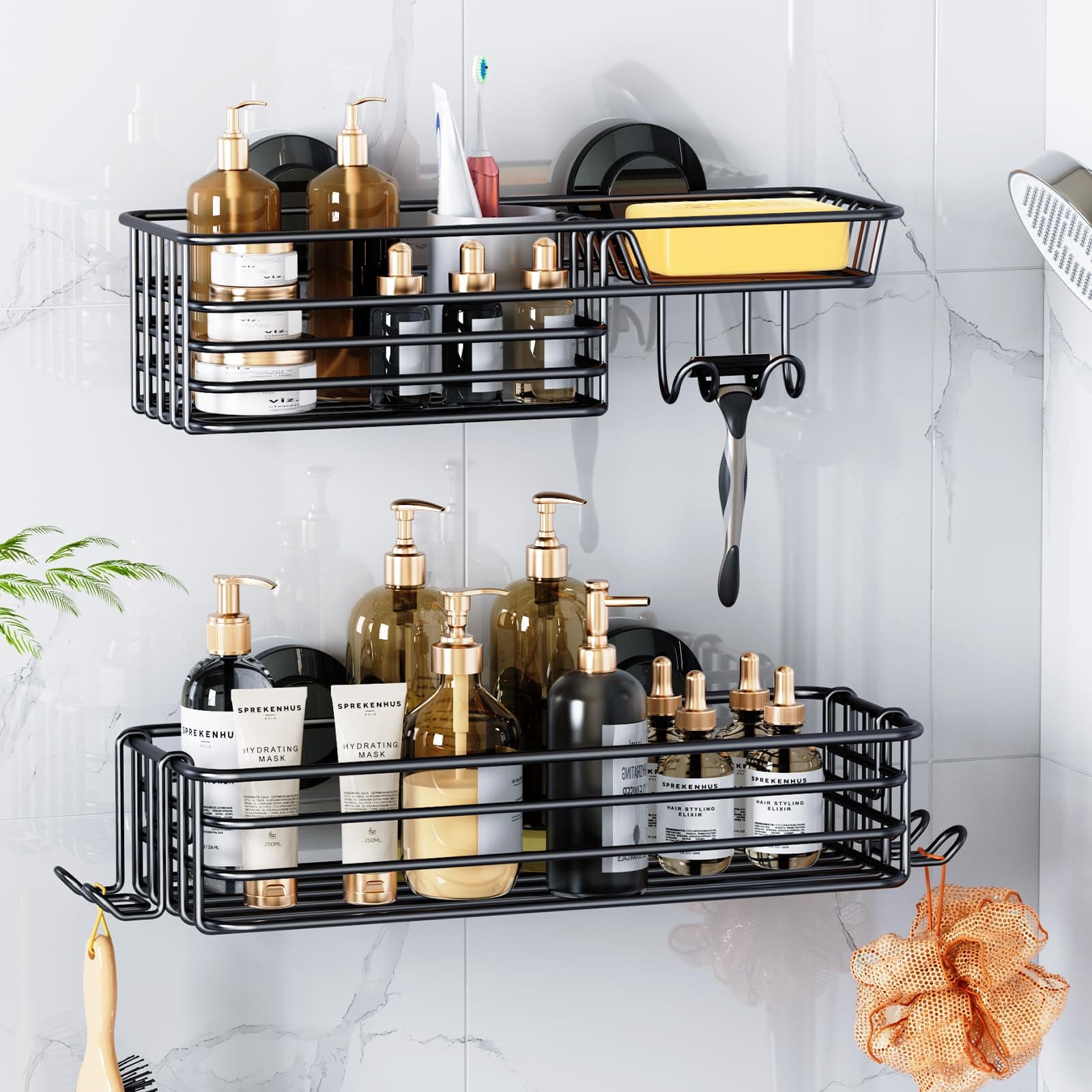 Adhesive Shower Shelf with Hooks