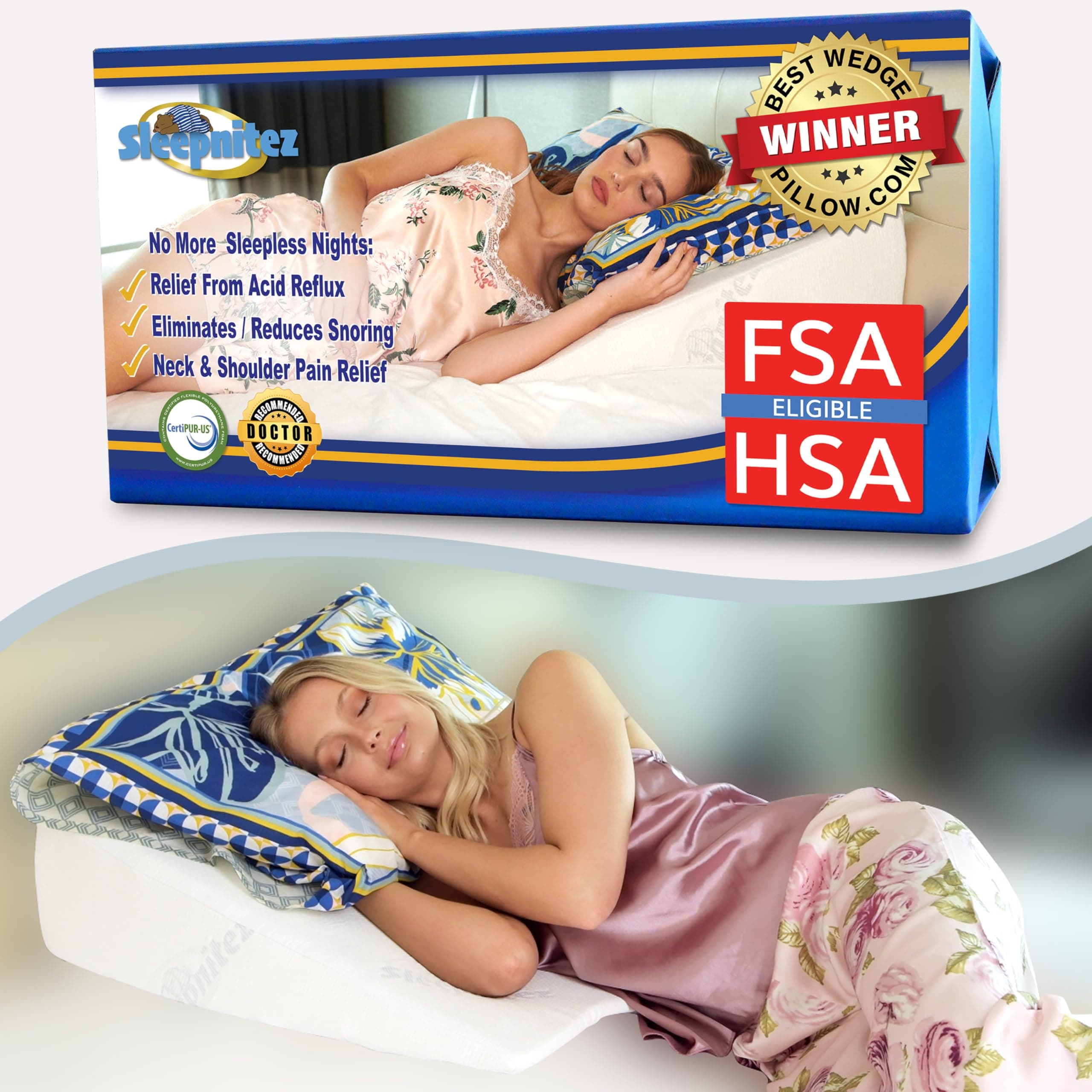 Sleepnitez 8-Inch Bed Wedge Pillow Memory Foam Top