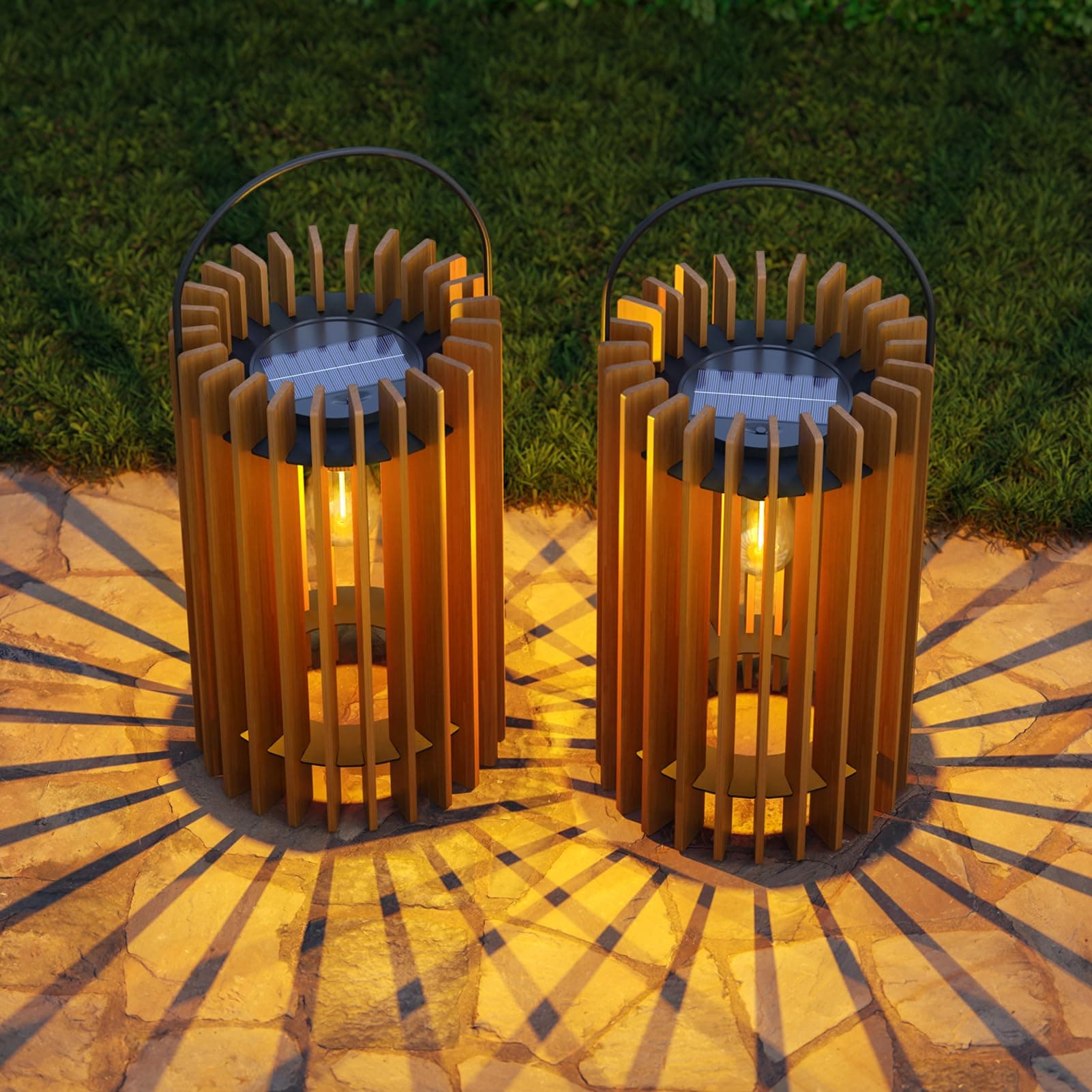 Solar Rattan Lantern Outdoor Waterproof LED Hanging Lamp Patio Set of 2