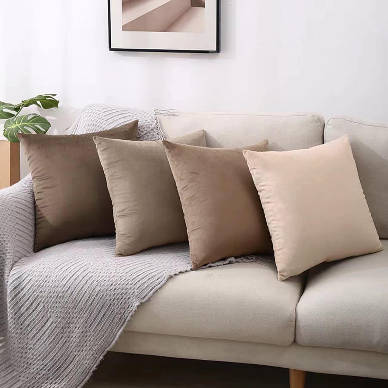 Neutral Velvet Pillow Covers Set of 4 Beige Brown 18x18