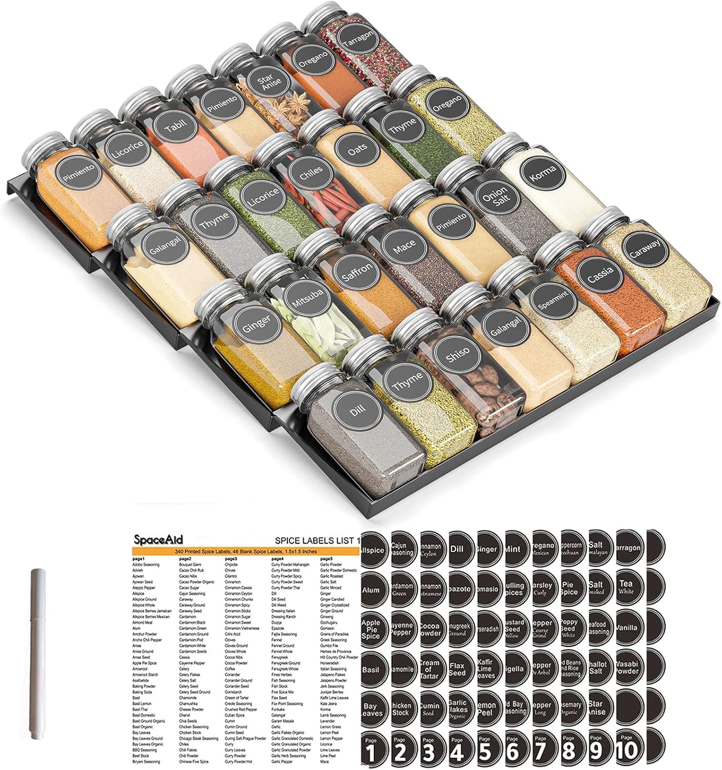 SpaceAid Spice Drawer Organizer with 28 Jars and 386 Labels