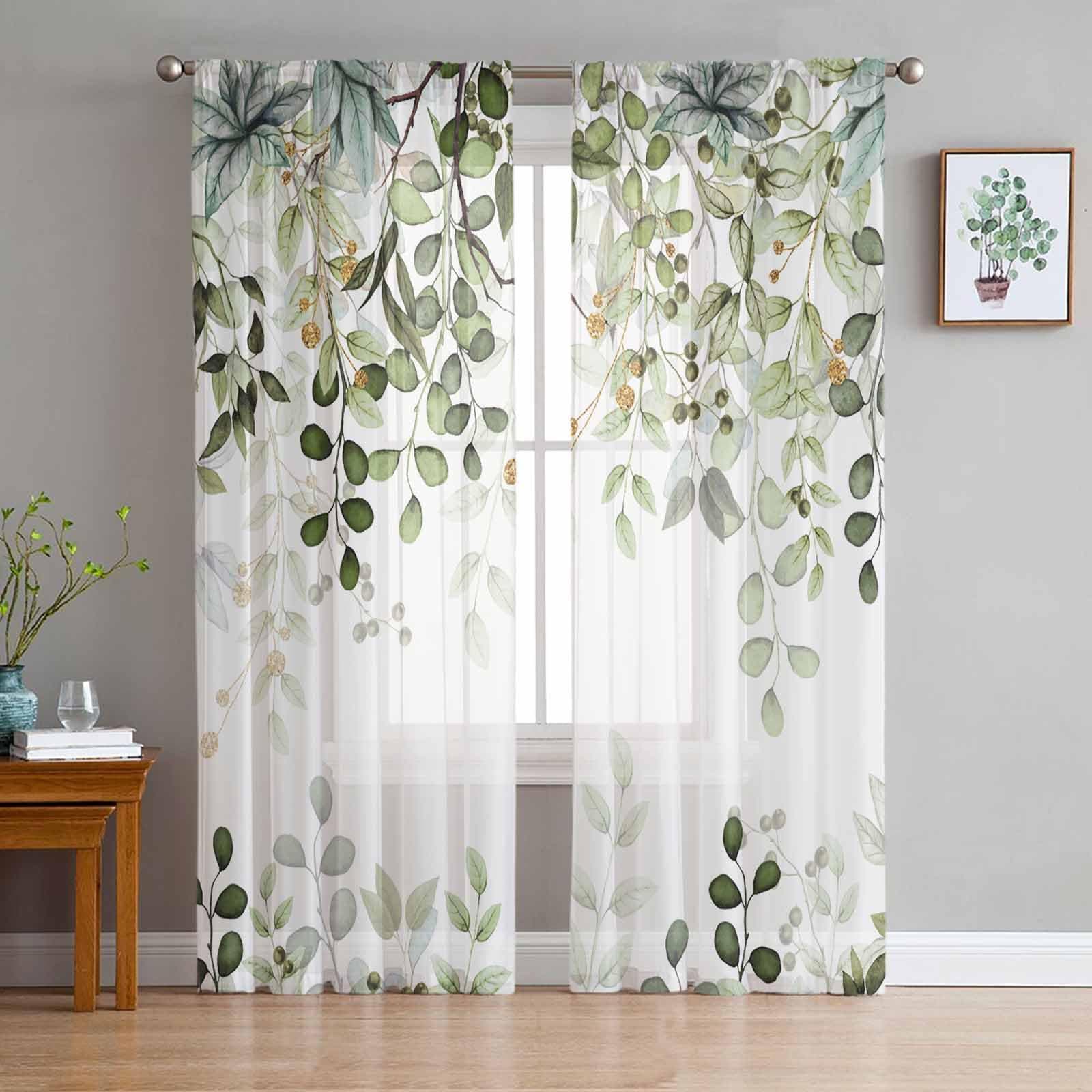 Spring Eucalyptus Leaves Sheer Curtains 63 in Long Green Botanical 2 Panels