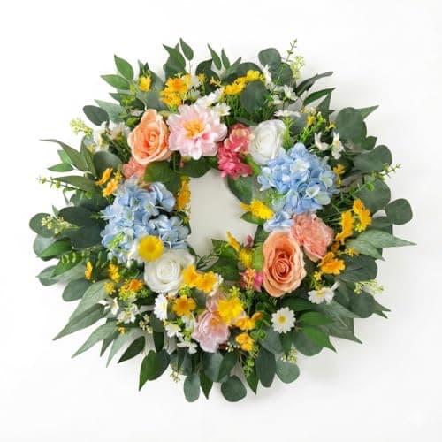 26 Inch Spring Wreath for Front Door with Hydrangea and Easter Eggs