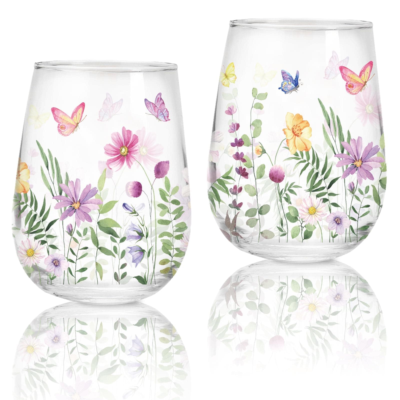 Maxcheck 6pcs Spring Stemless Wine Glasses 18oz Watercolor Wildflower