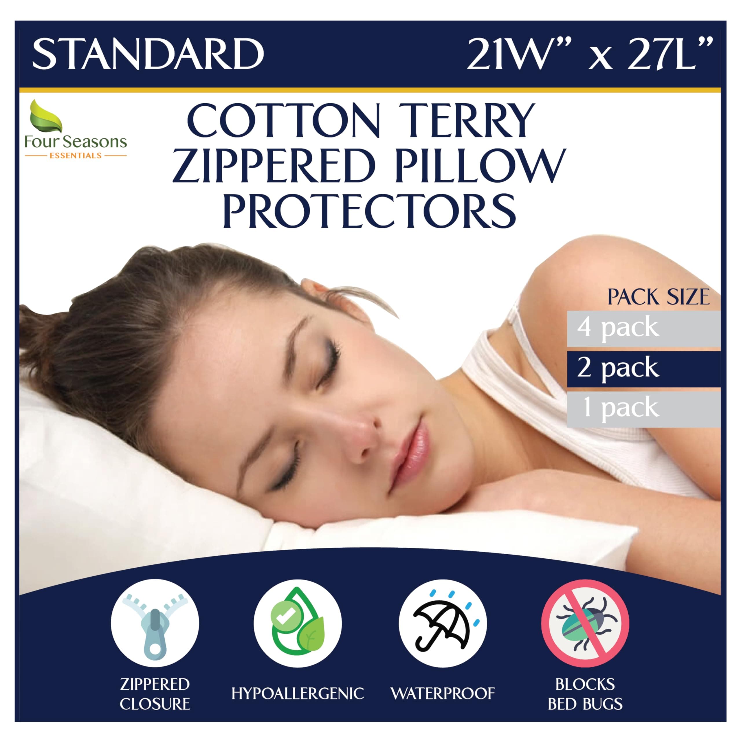 Standard Pillow Protectors Waterproof Zippered 4-Pack