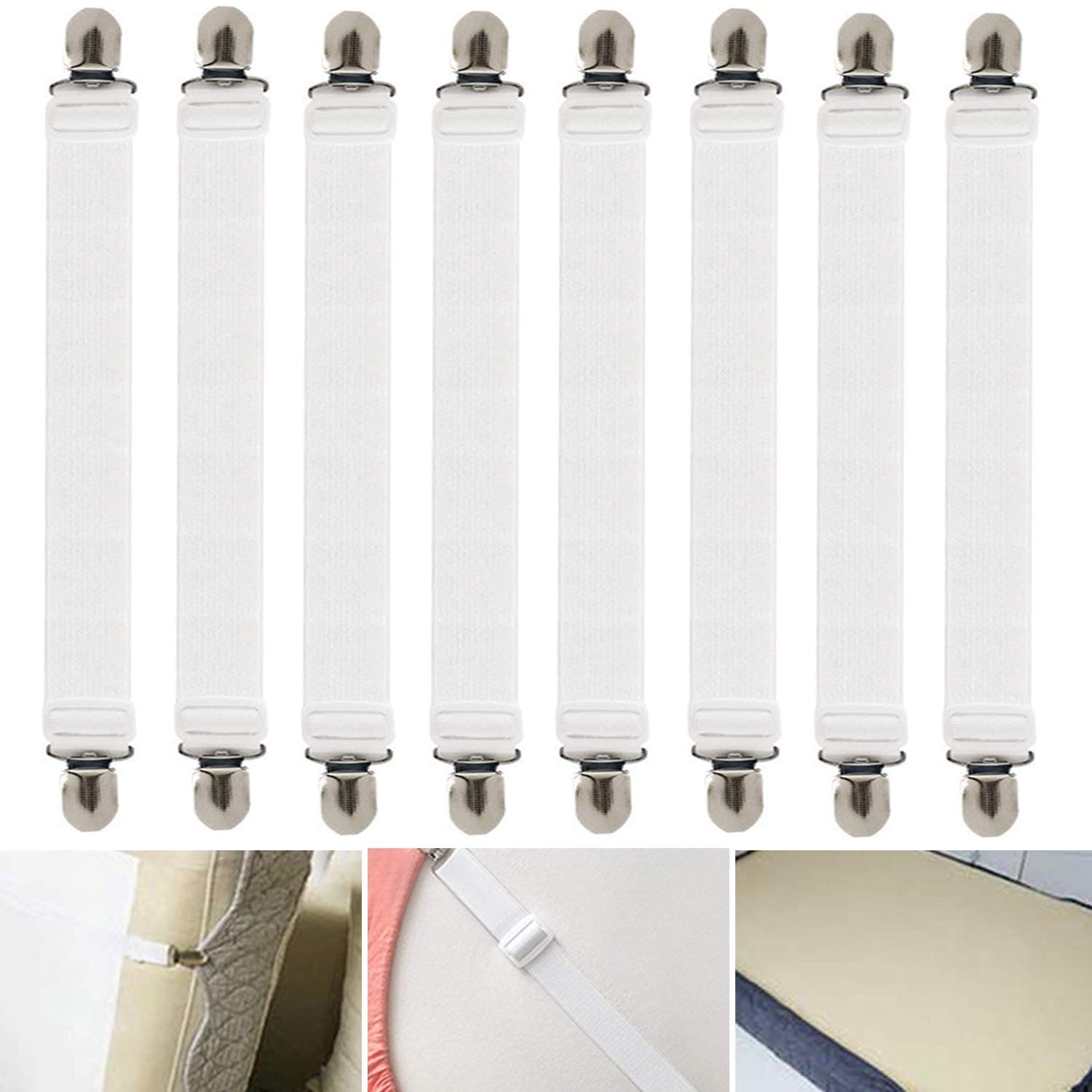 SUNRIZ 8-Pack Bed Sheet Holder Straps Adjustable White