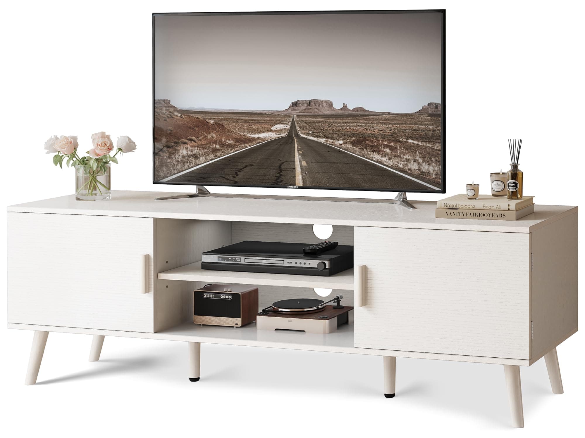SUPERJARE TV Stand with 4 Cord Holes