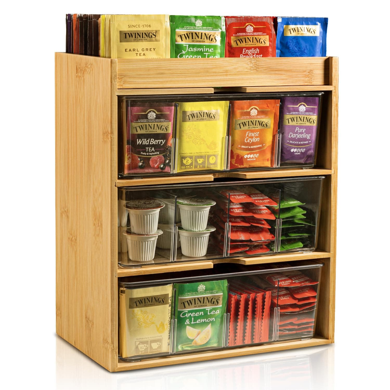 TIMIEEYA Bamboo Tea Bag Organizer with 3-Layer Drawer