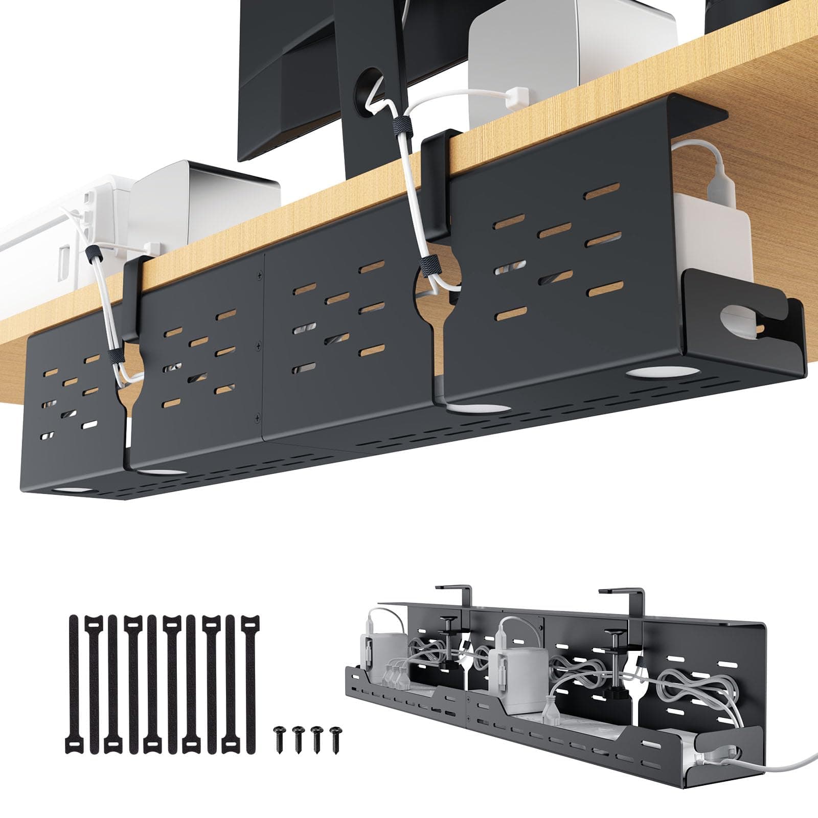 Under-Desk Cable Management Tray, Clamp-On, Steel Mesh