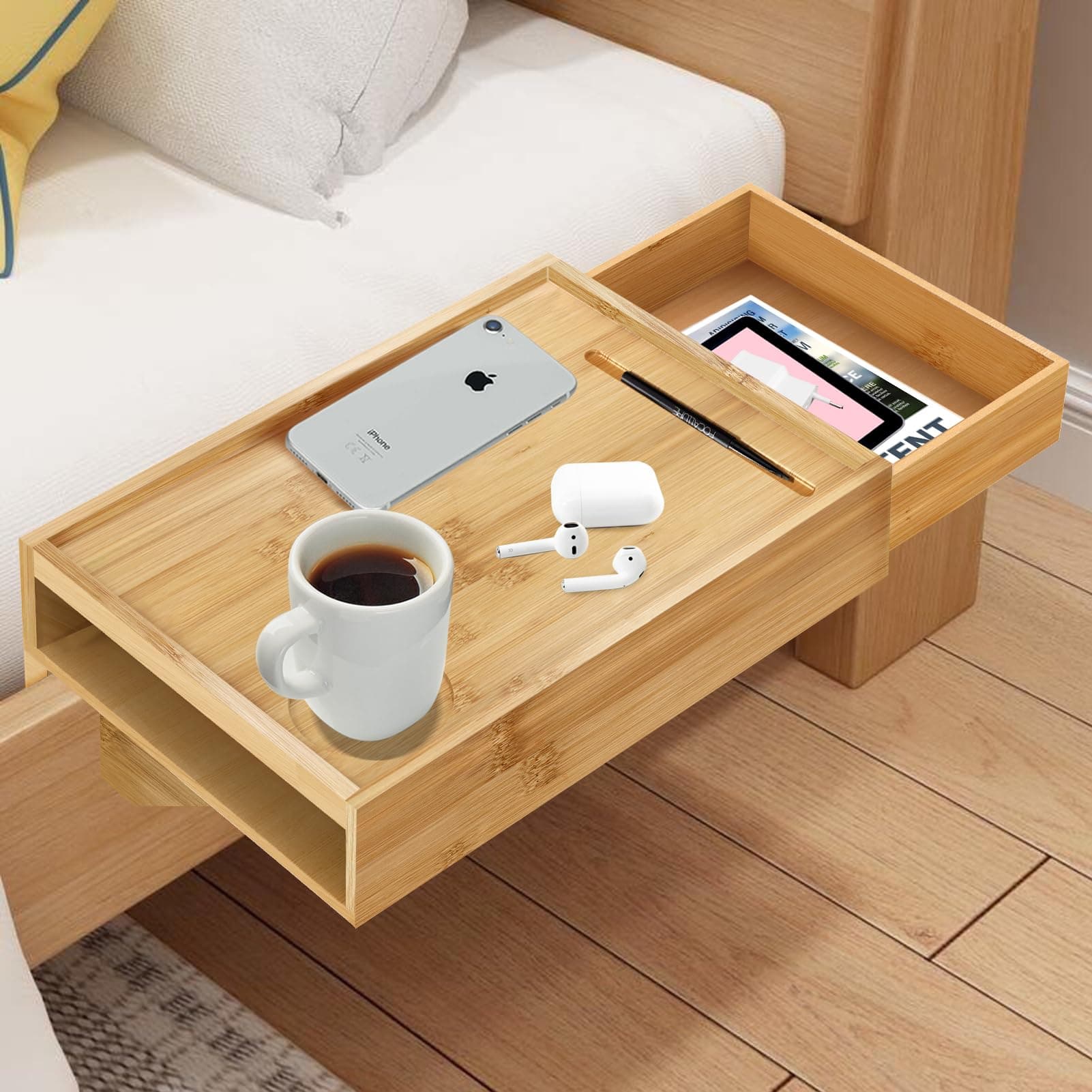 upcessory Bedside Shelf Clip On with Drawer Bamboo Clamping