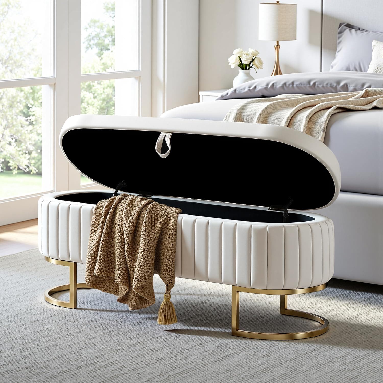 Storage Bench for Bedroom End of Bed 48 Inches Button-Tufted Cream White