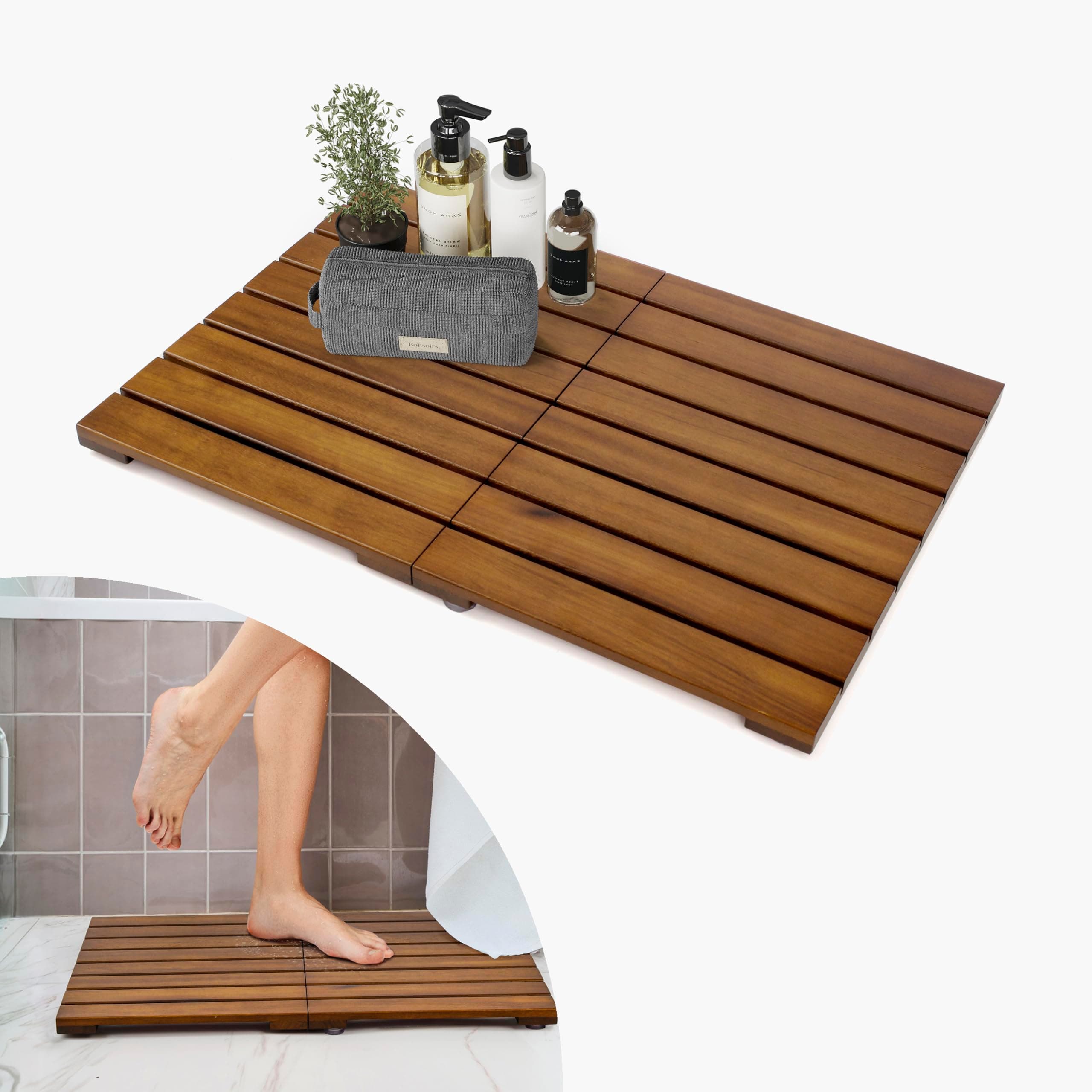 Utoplike Teak Wood Bath Mat, 24 x 18 inch, Non-Slip