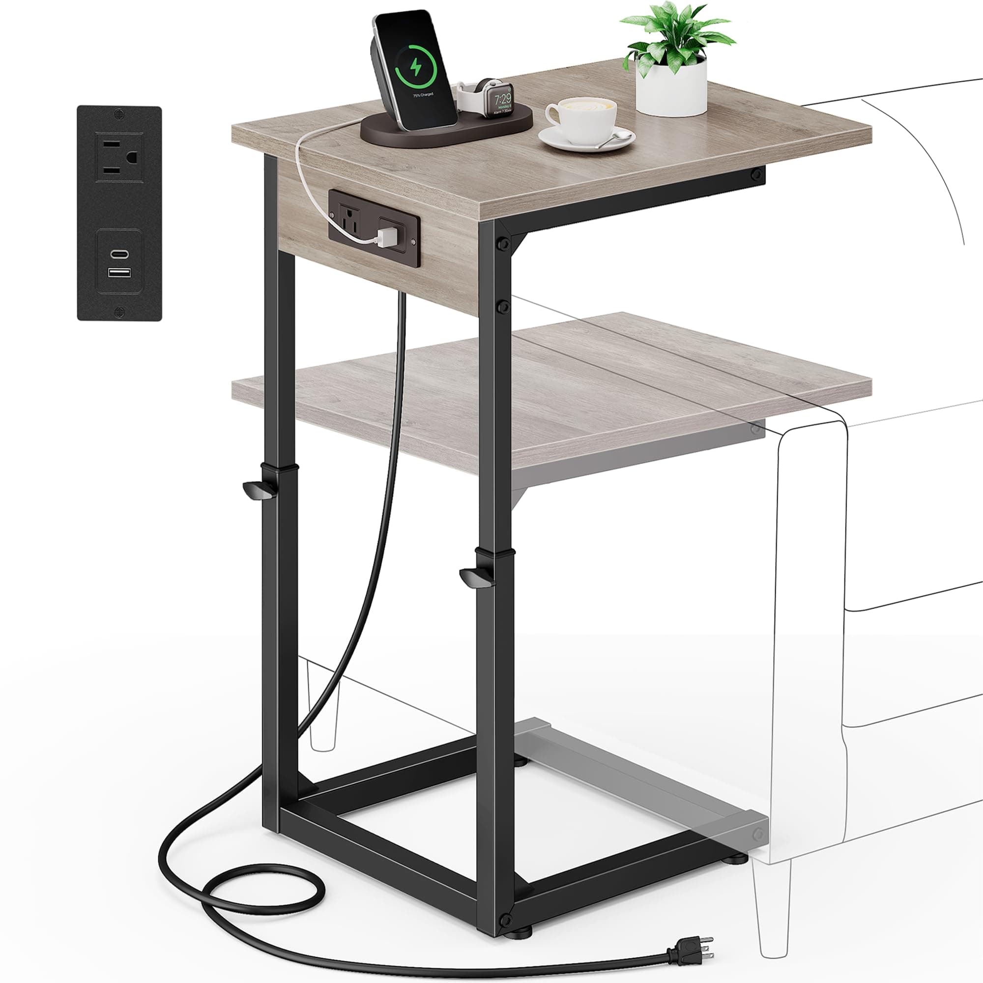 Vagusicc C-Shaped End Table with Charging Station