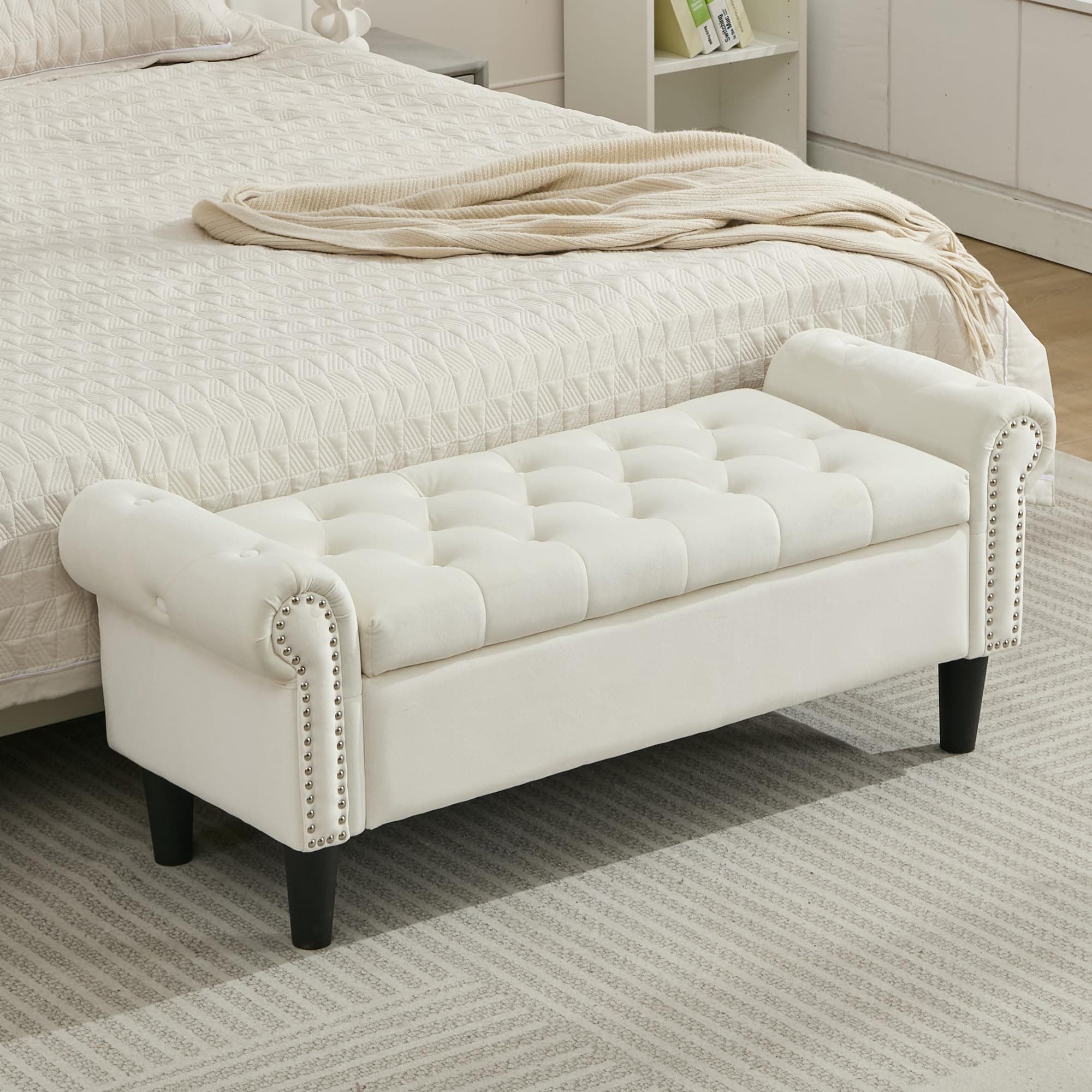 Storage Bench for Bedroom End of Bed Dark Grey Velvet Tufted 65 Inch