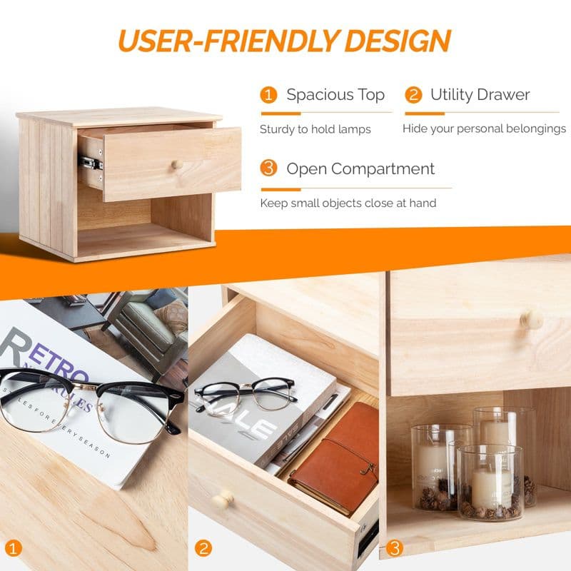 VINGLI Unfinished Solid Wood Floating Nightstand Set of 2