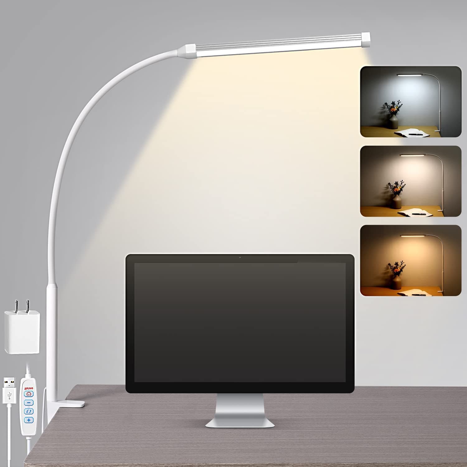 Voncerus LED Desk Lamp with Clamp, Metal Gooseneck